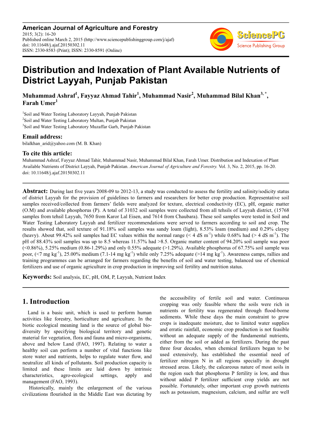 Distribution and Indexation of Plant Available Nutrients of District Layyah, Punjab Pakistan