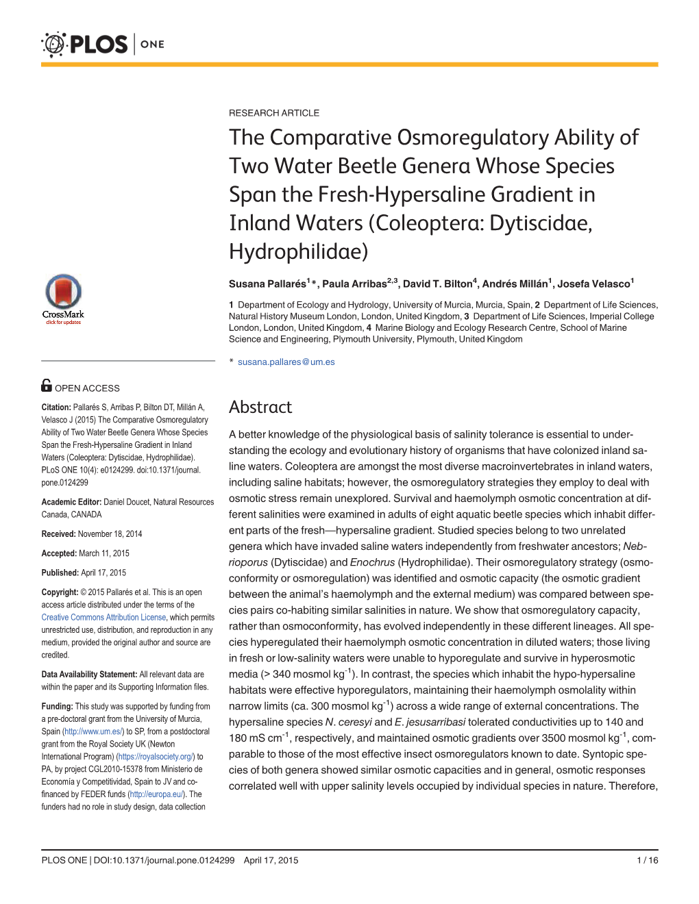 The Comparative Osmoregulatory Ability of Two Water Beetle Genera