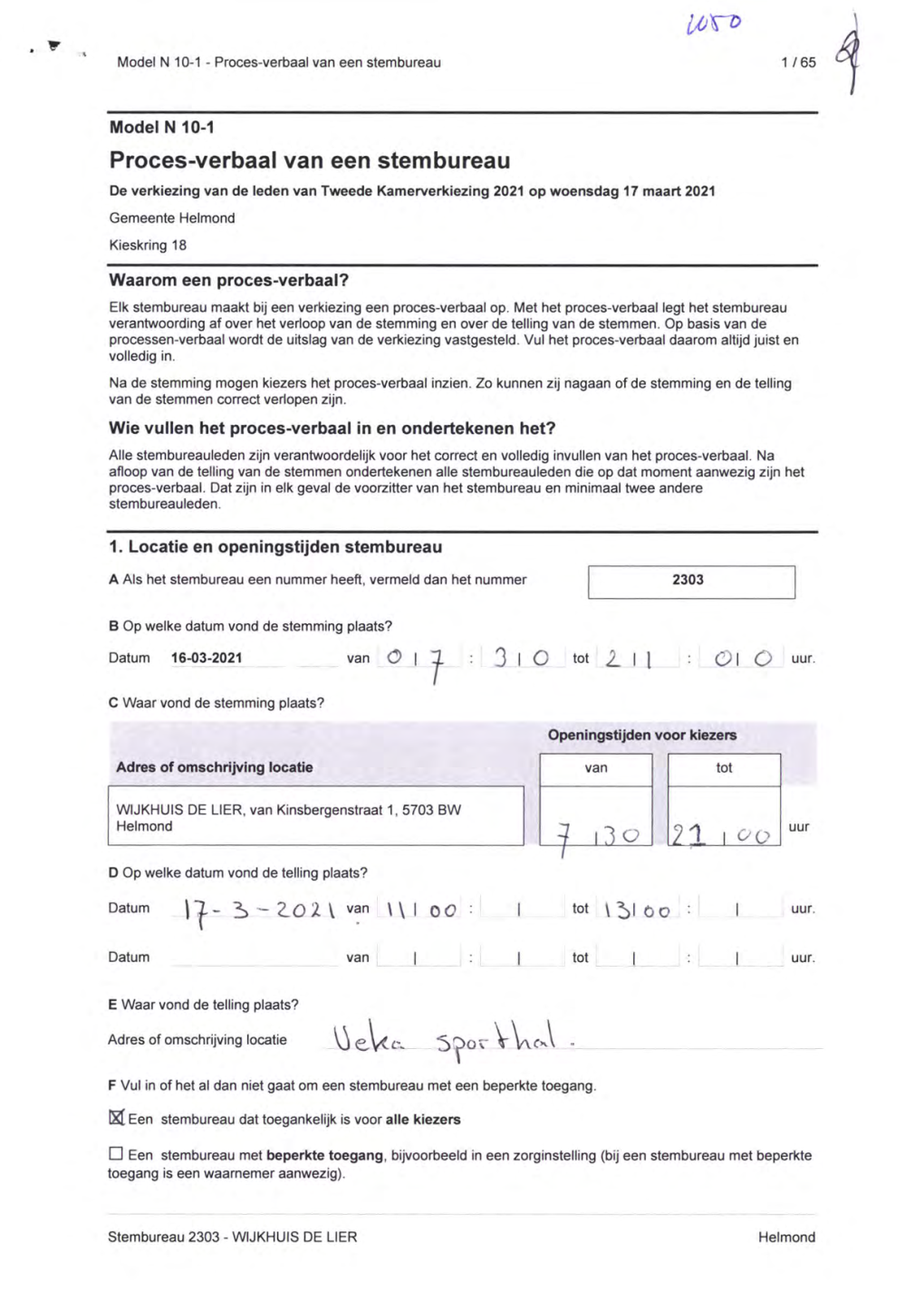 Proces-Verbaal Van Een Stembureau 1 / 65