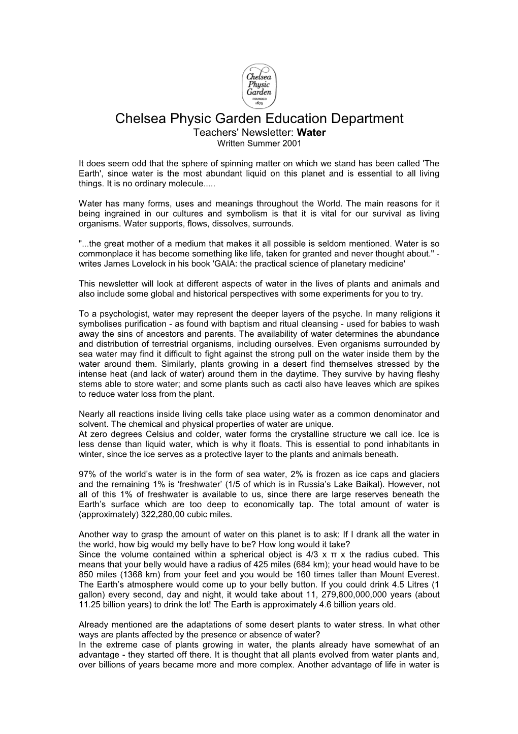 Chelsea Physic Garden Education Department