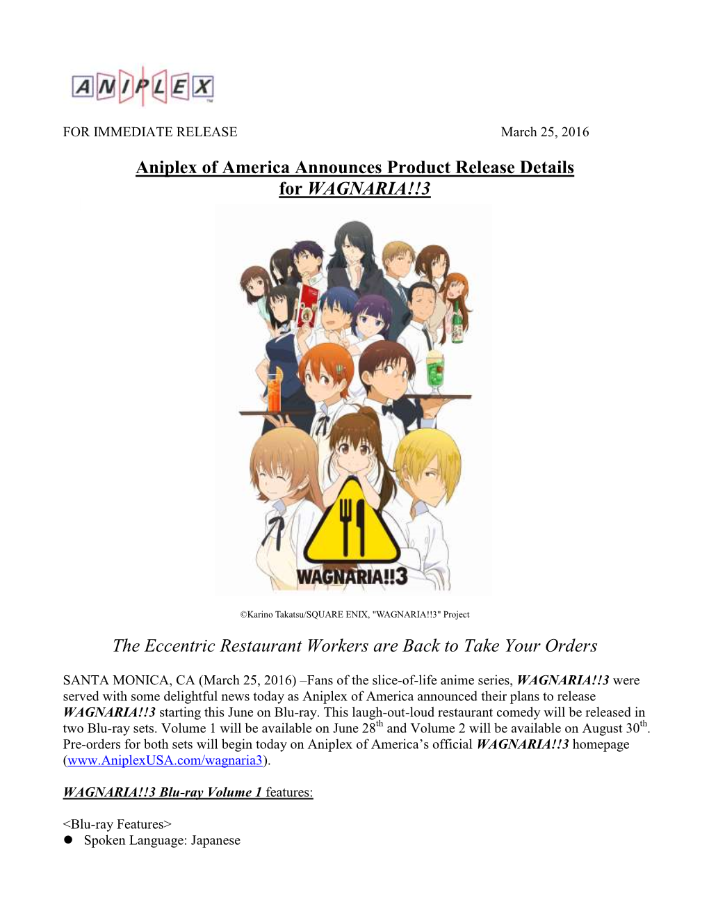 Aniplex of America Announces Product Release Details for WAGNARIA!!3 the Eccentric Restaurant Workers Are Back to Take Your Orde