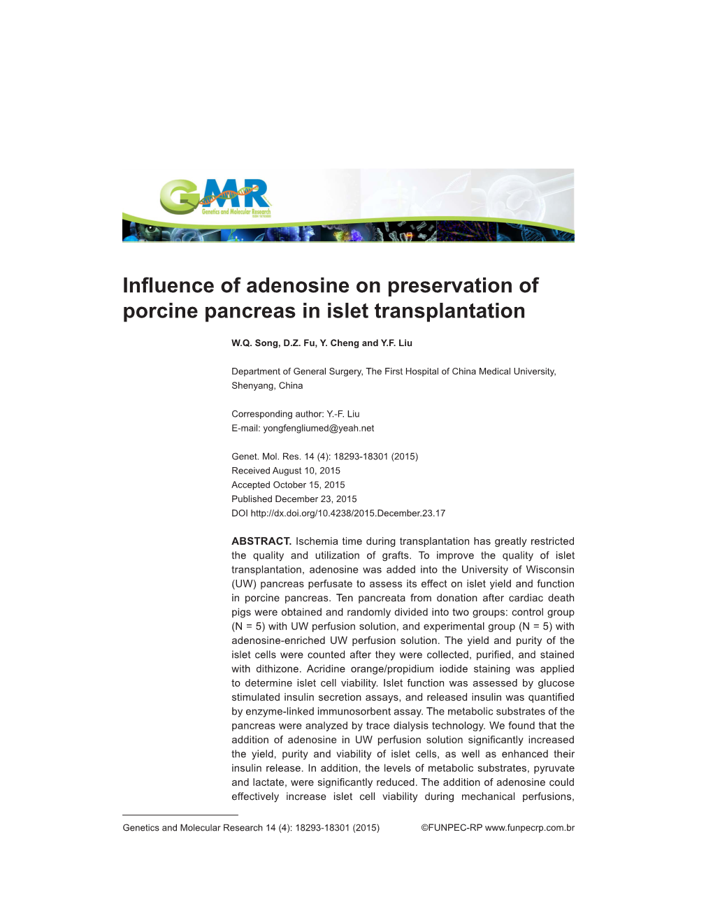 Influence of Adenosine on Preservation of Porcine Pancreas in Islet Transplantation