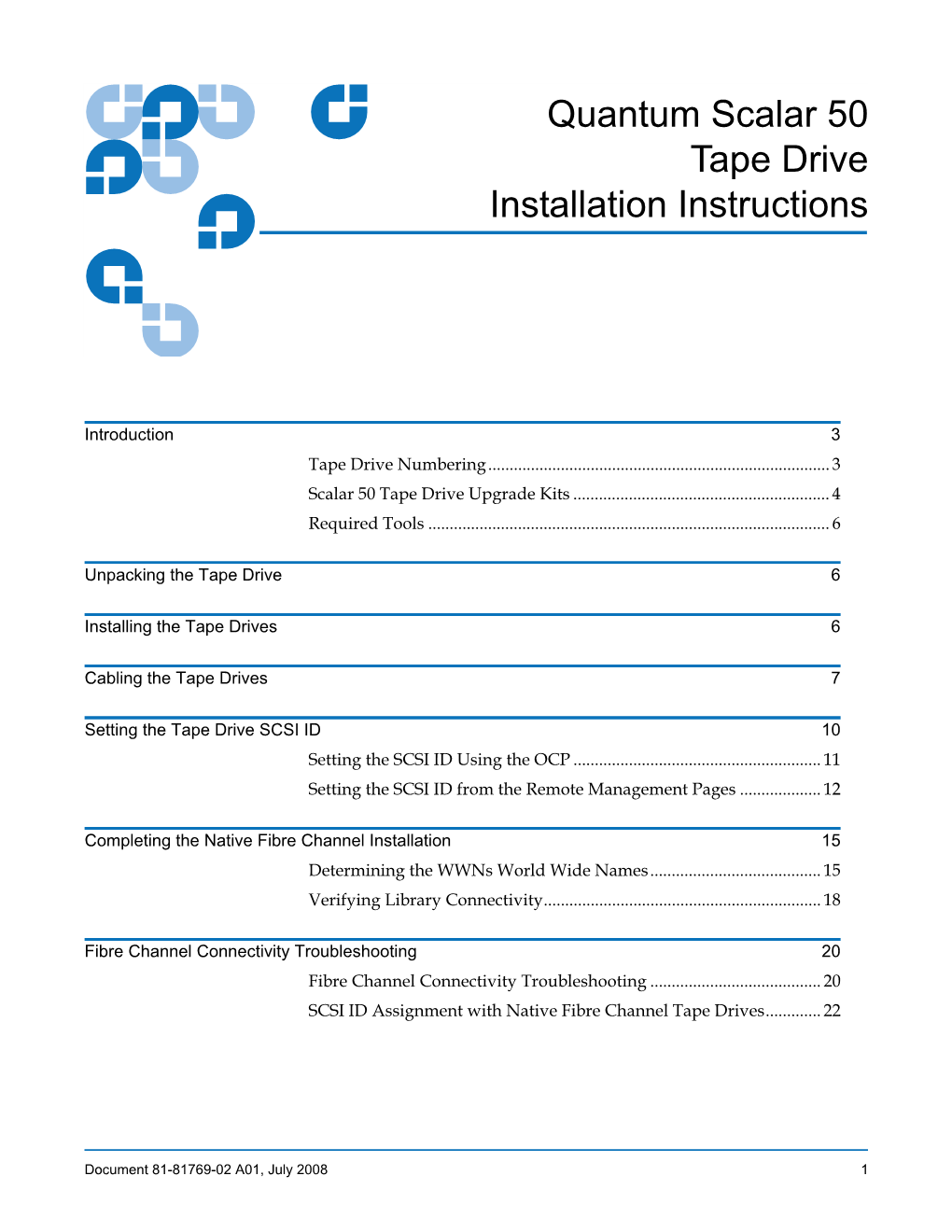 Scalar 50 Tape Drive Installation Instructions