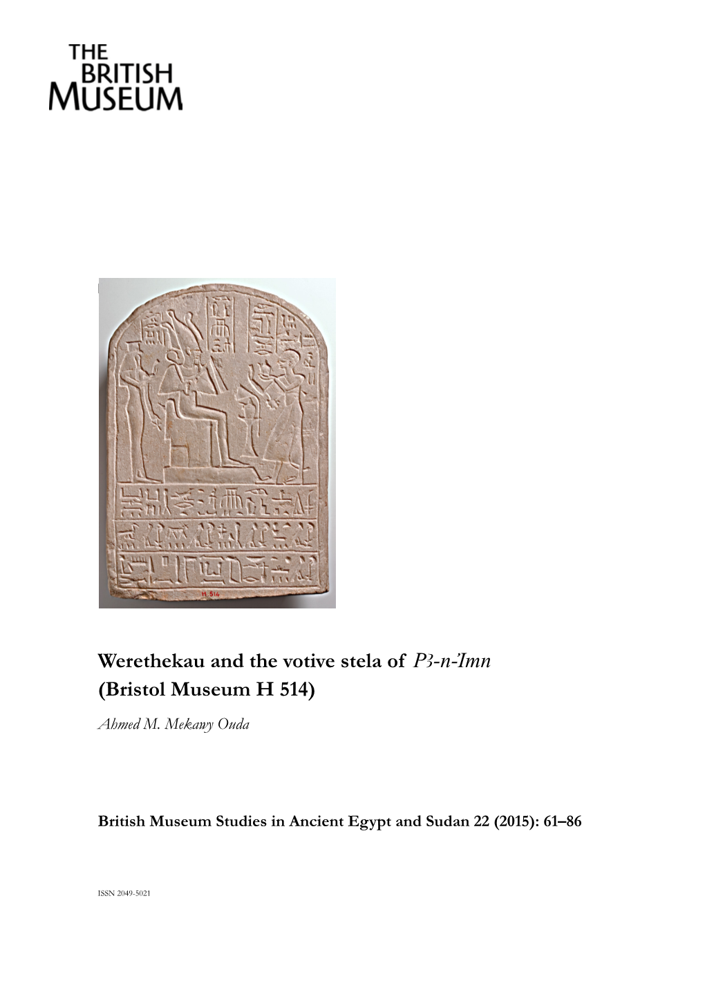 Werethekau and the Votive Stela of PA-N-Imn (Bristol Museum H 514) Ahmed M