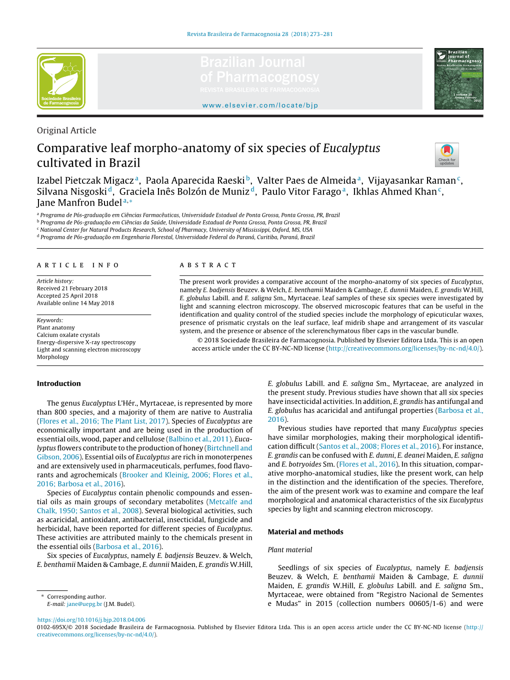 Comparative Leaf Morpho-Anatomy of Six Species of Eucalyptus Cultivated in Brazil