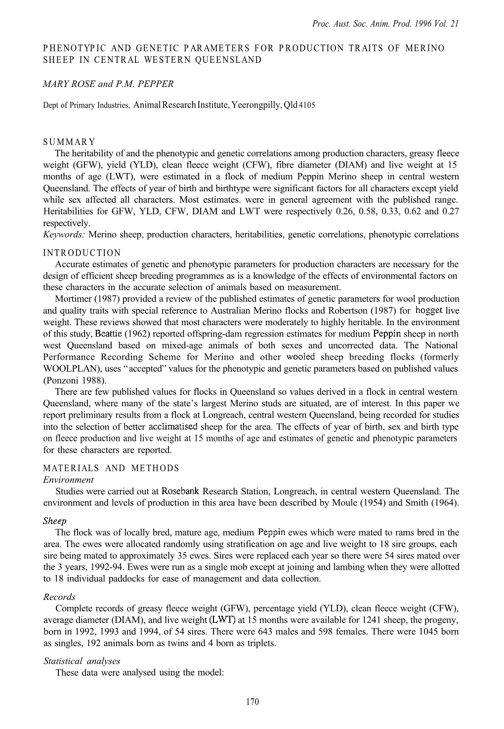 Phenotypic and Genetic Parameters for Production Traits of Merino Sheep in Central Western Queensland