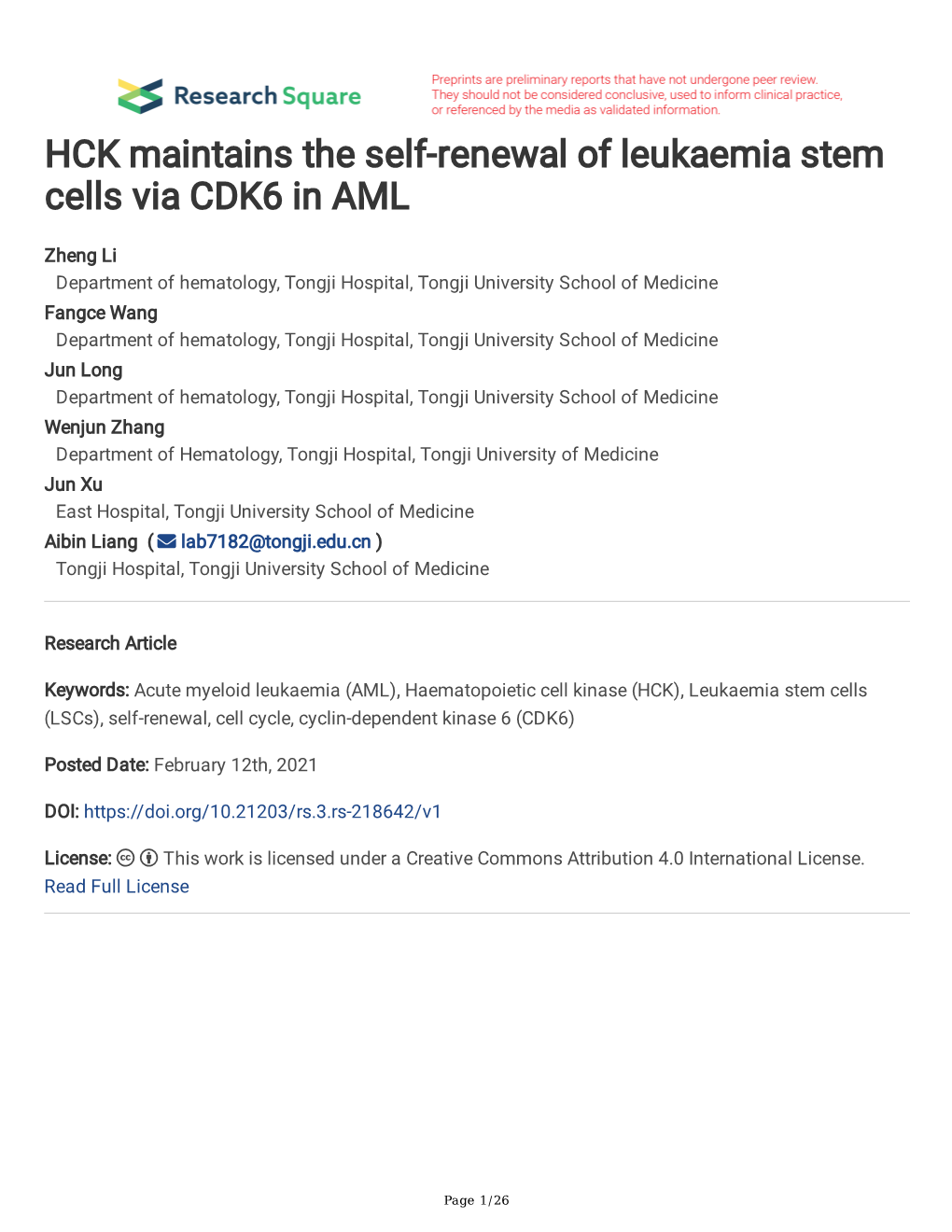 HCK Maintains the Self-Renewal of Leukaemia Stem Cells Via CDK6 in AML