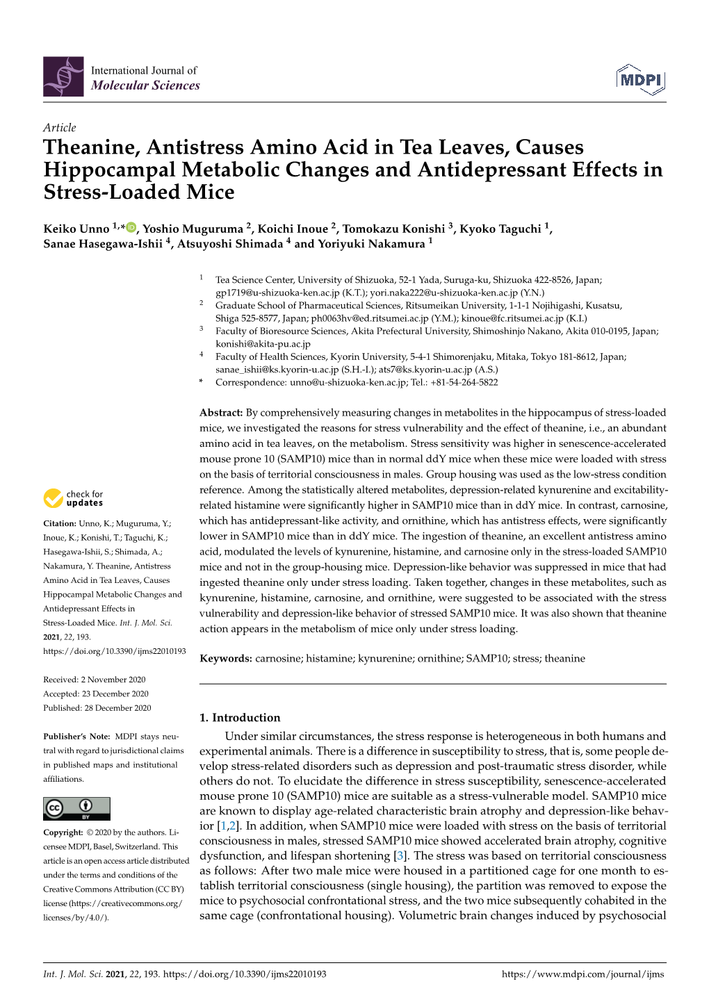 Theanine, Antistress Amino Acid in Tea Leaves, Causes Hippocampal Metabolic Changes and Antidepressant Effects in Stress-Loaded Mice