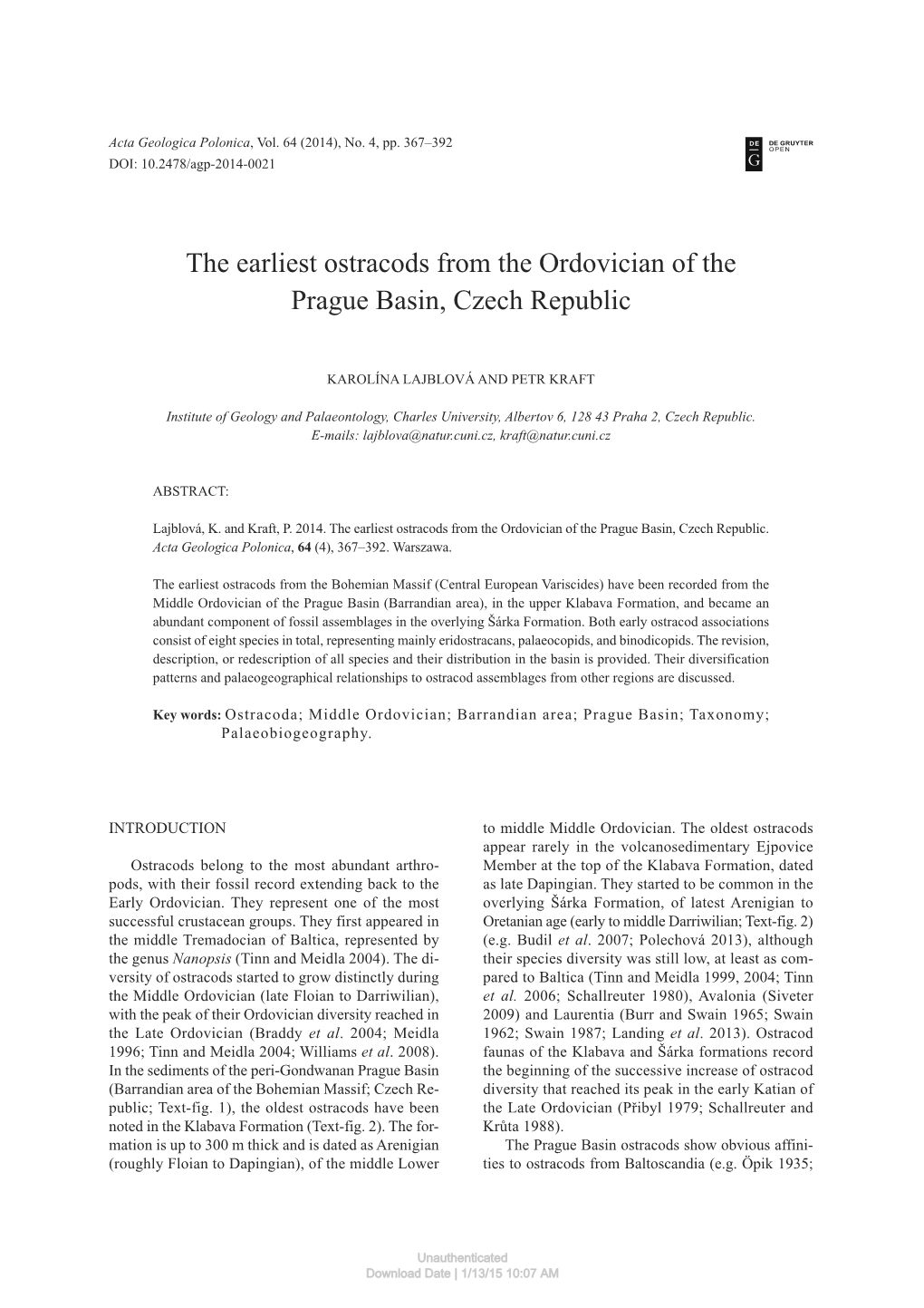 The Earliest Ostracods from the Ordovician of the Prague Basin, Czech Republic