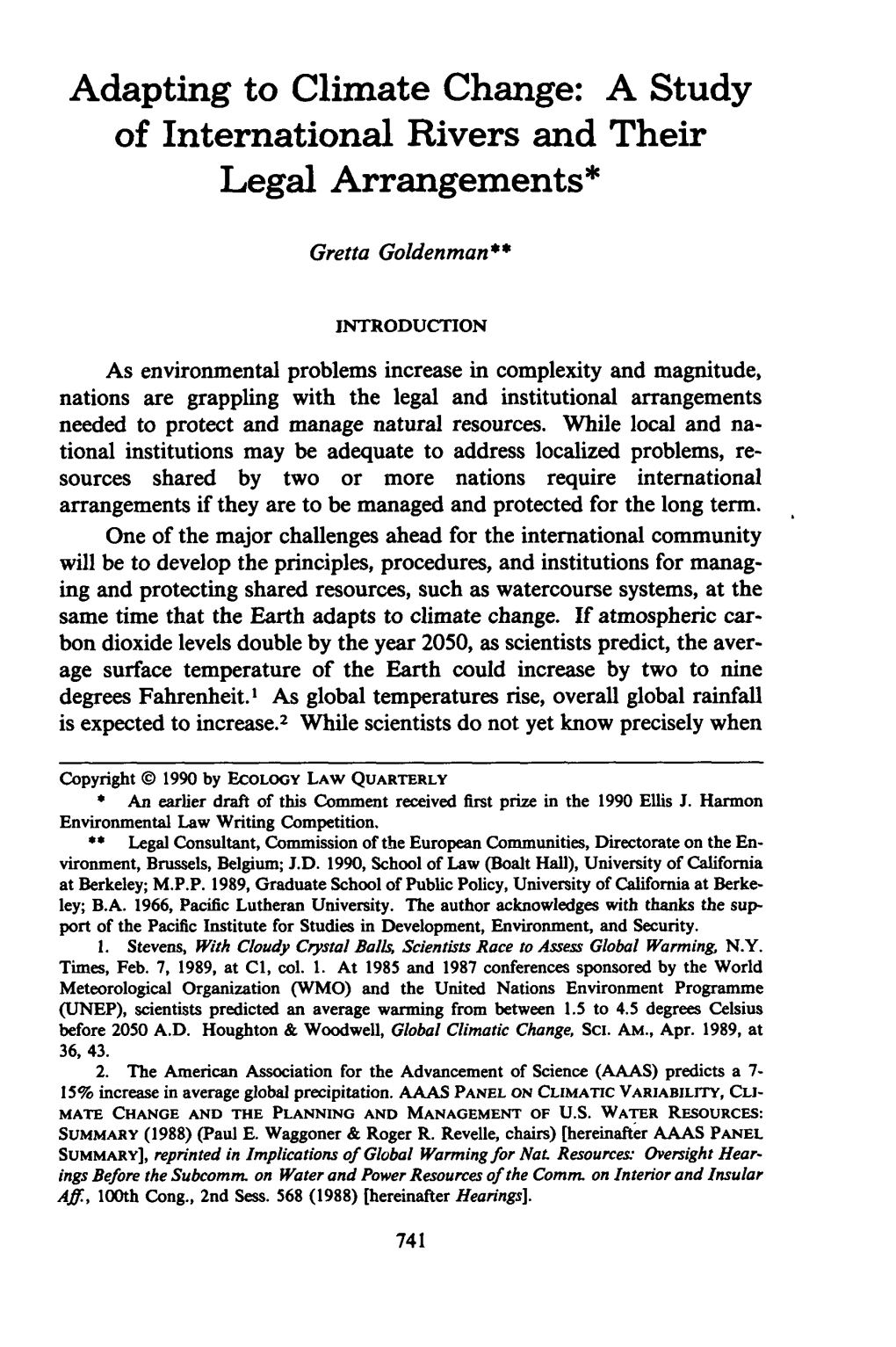 Adapting to Climate Change: a Study of International Rivers and Their Legal Arrangements*