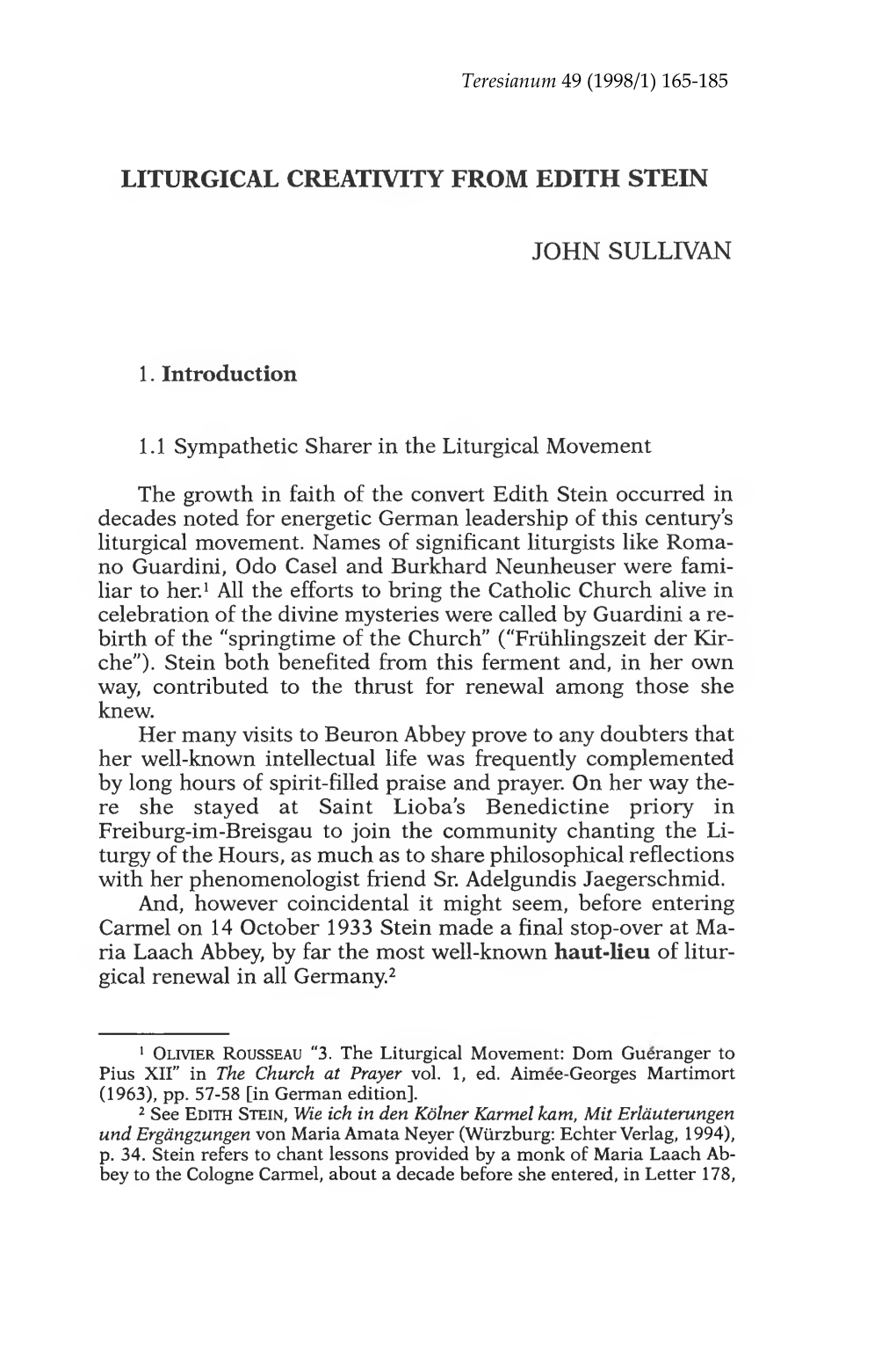 Liturgical Creativity from Edith Stein John Sullivan