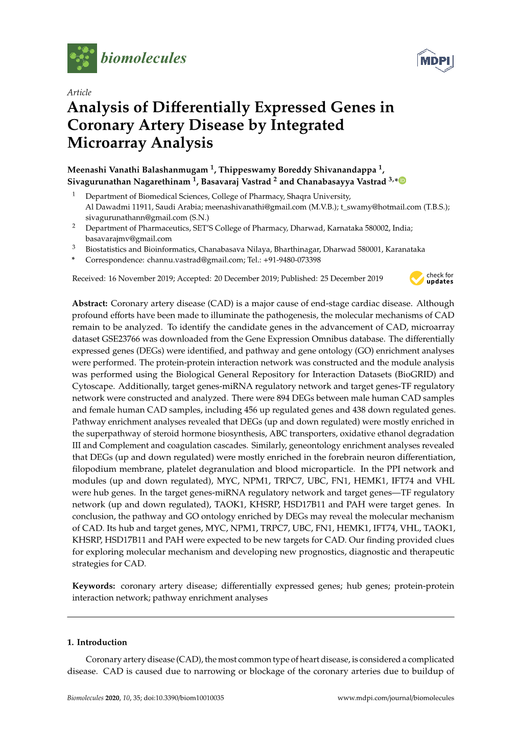 Analysis of Differentially Expressed Genes in Coronary Artery Disease by Integrated Microarray Analysis