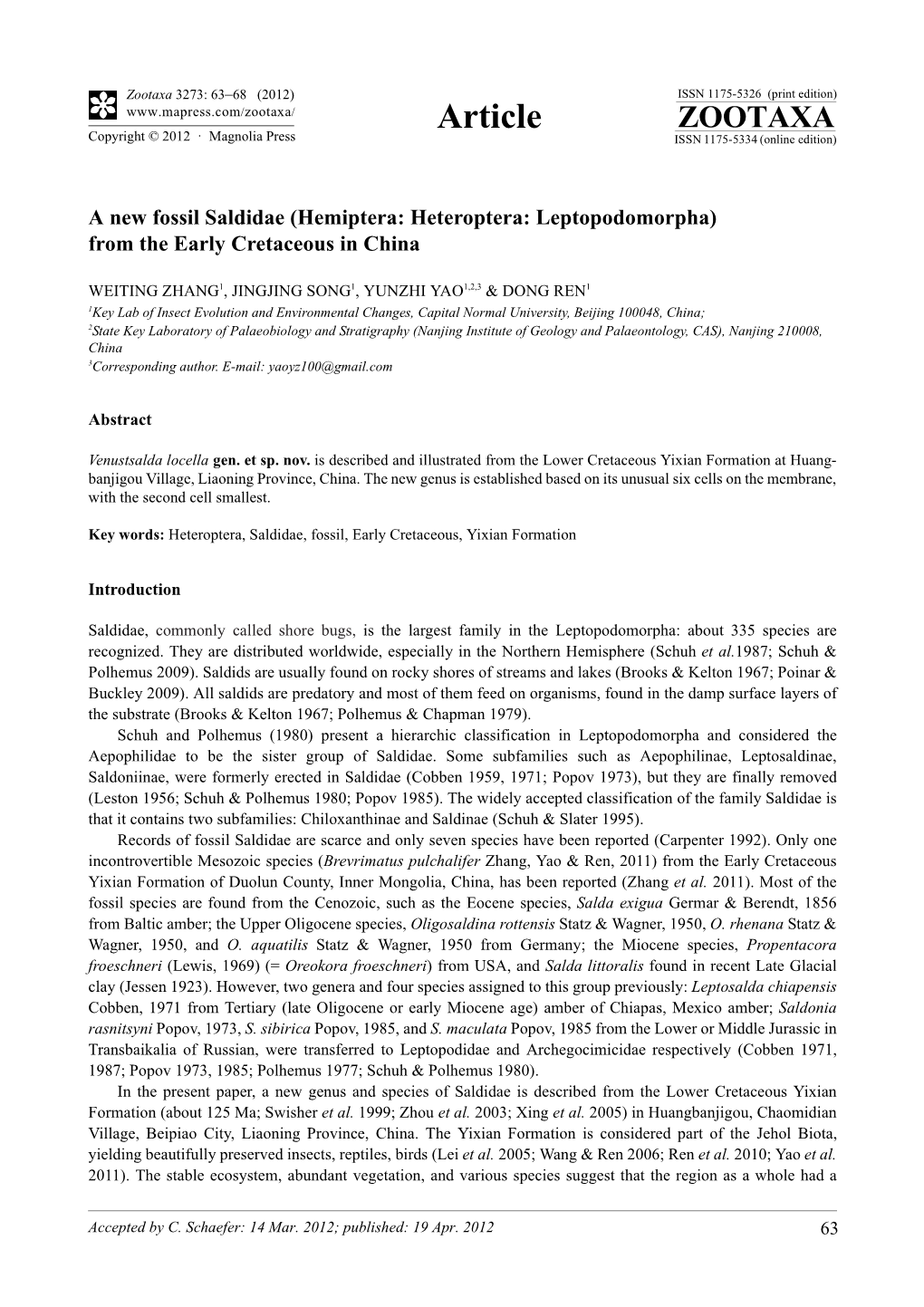 A New Fossil Saldidae (Hemiptera: Heteroptera: Leptopodomorpha) from the Early Cretaceous in China