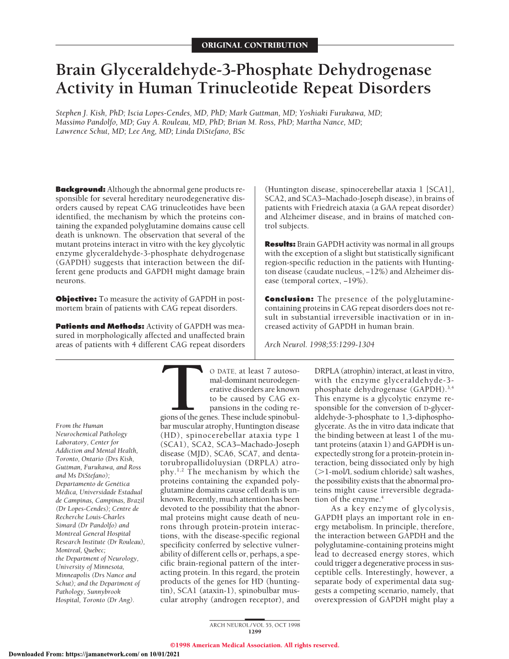 Brain Glyceraldehyde-3-Phosphate Dehydrogenase Activity in Human Trinucleotide Repeat Disorders