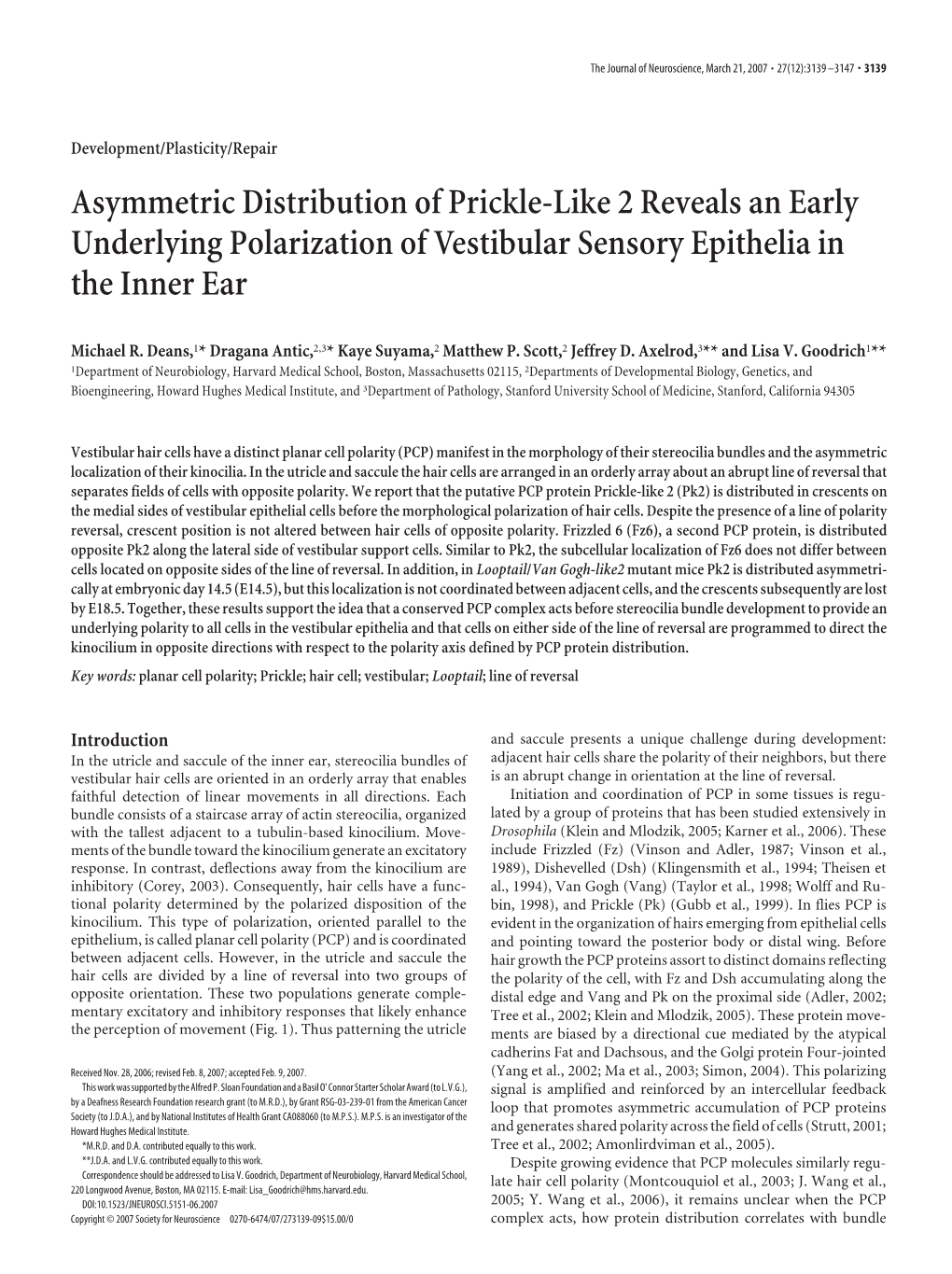Asymmetric Distribution of Prickle-Like 2 Reveals an Early Underlying Polarization of Vestibular Sensory Epithelia in the Inner Ear