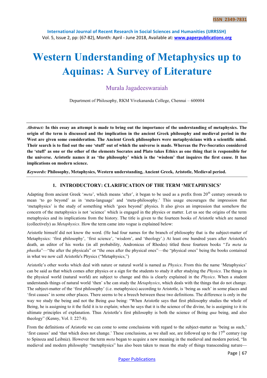 Western Understanding of Metaphysics up to Aquinas: a Survey of Literature