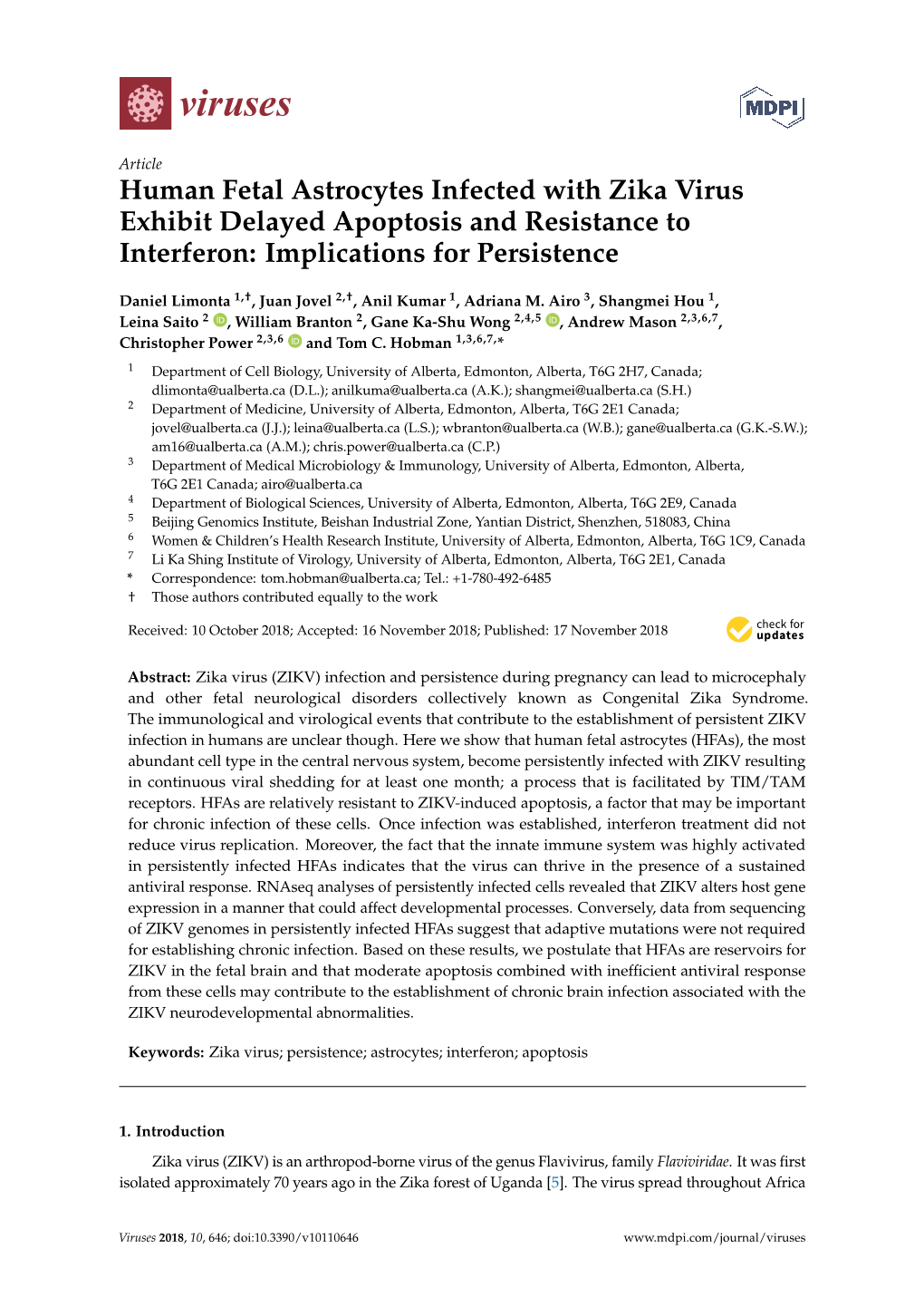 Human Fetal Astrocytes Infected with Zika Virus Exhibit Delayed Apoptosis and Resistance to Interferon: Implications for Persistence