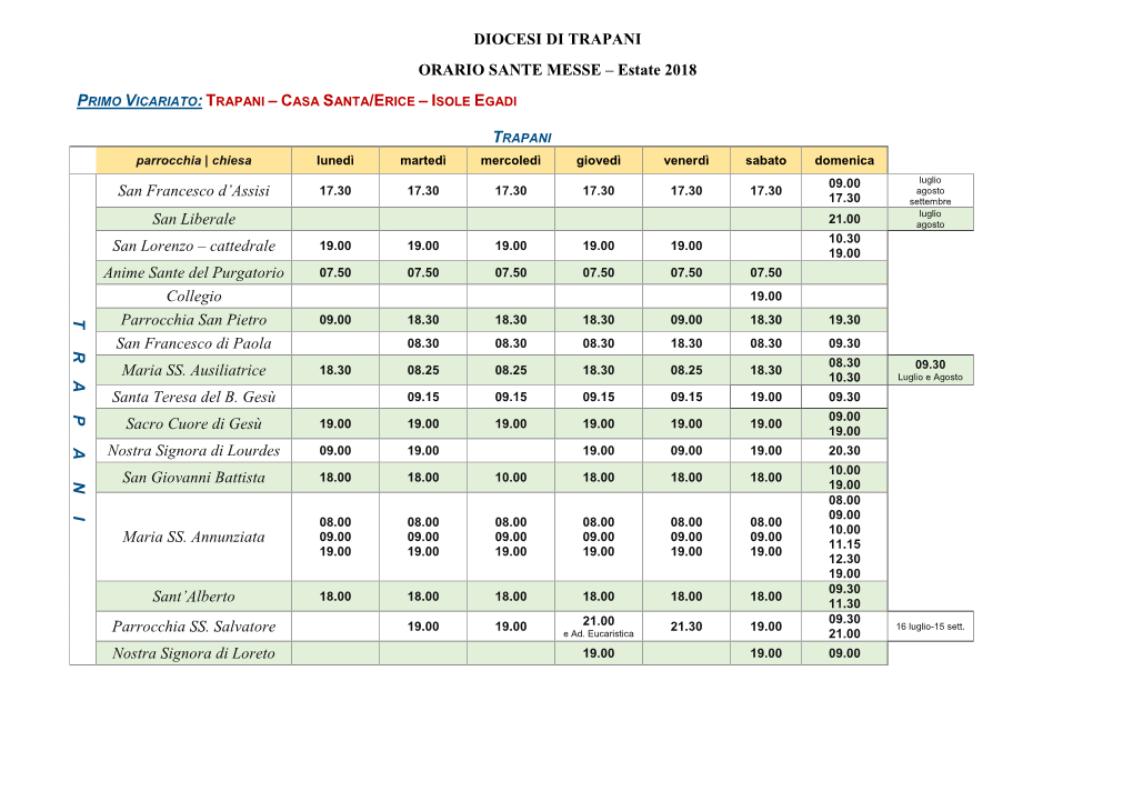 DIOCESI DI TRAPANI ORARIO SANTE MESSE – Estate 2018