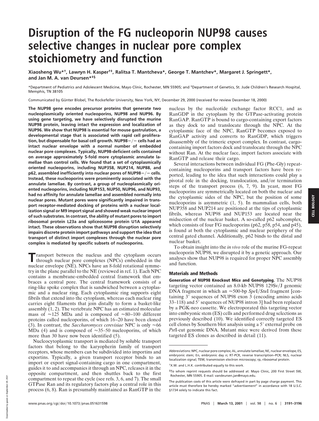 Disruption of the FG Nucleoporin NUP98 Causes Selective Changes in Nuclear Pore Complex Stoichiometry and Function