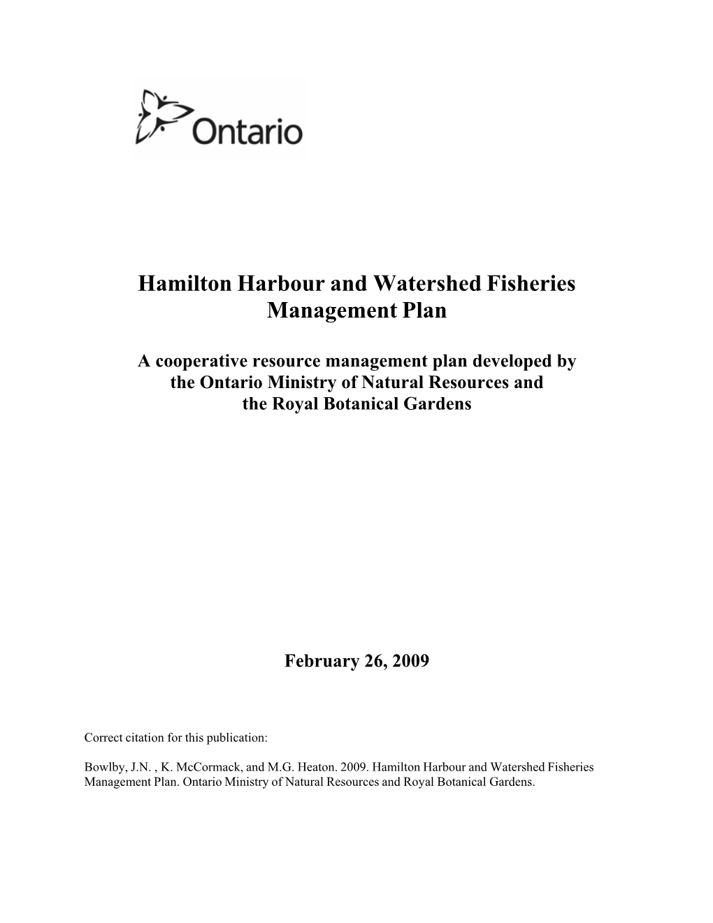 Hamilton Harbour and Watershed Fisheries Management Plan