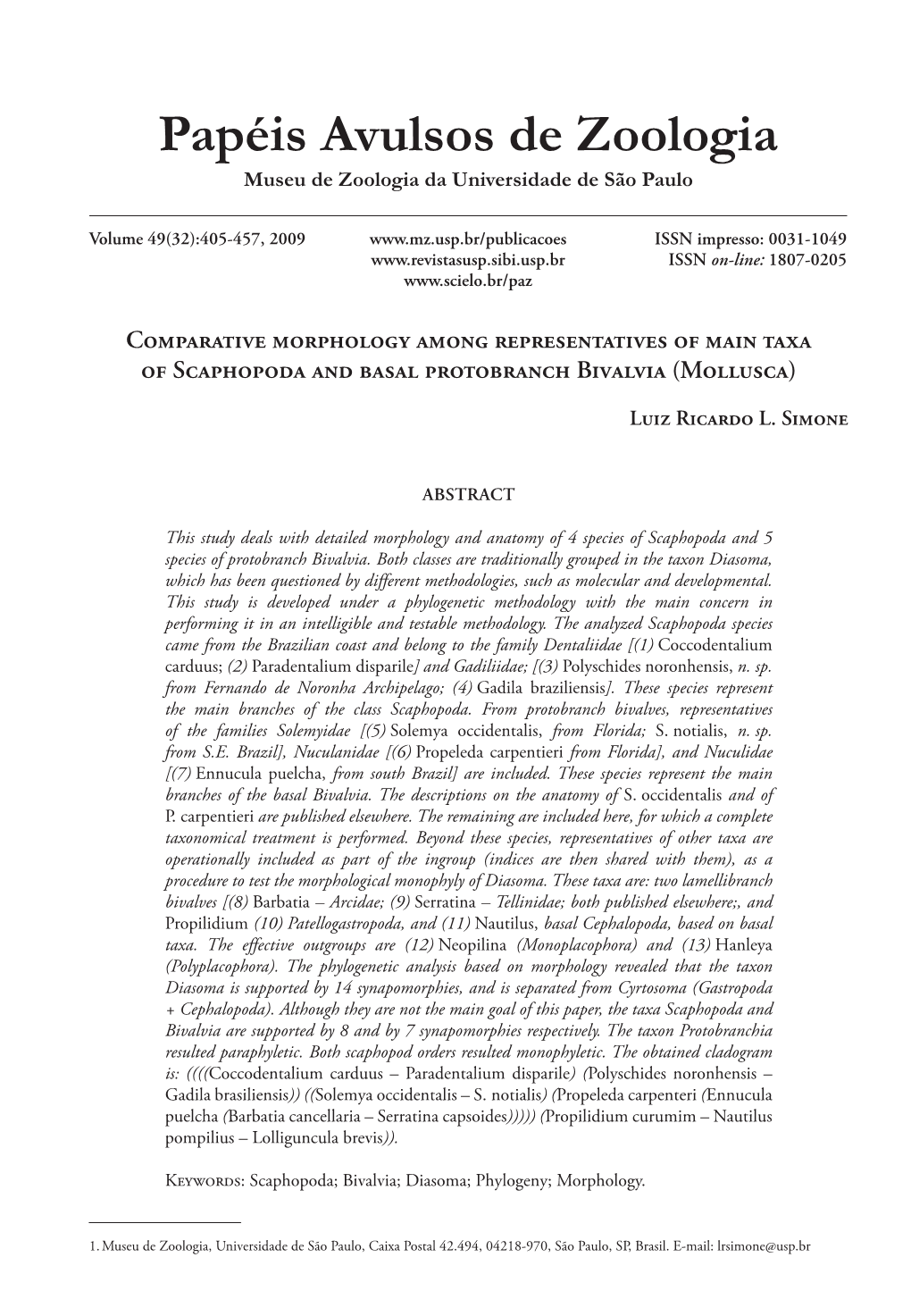 Comparative Morphology Among Representatives of Main Taxa of Scaphopoda and Basal Protobranch Bivalvia (Mollusca)