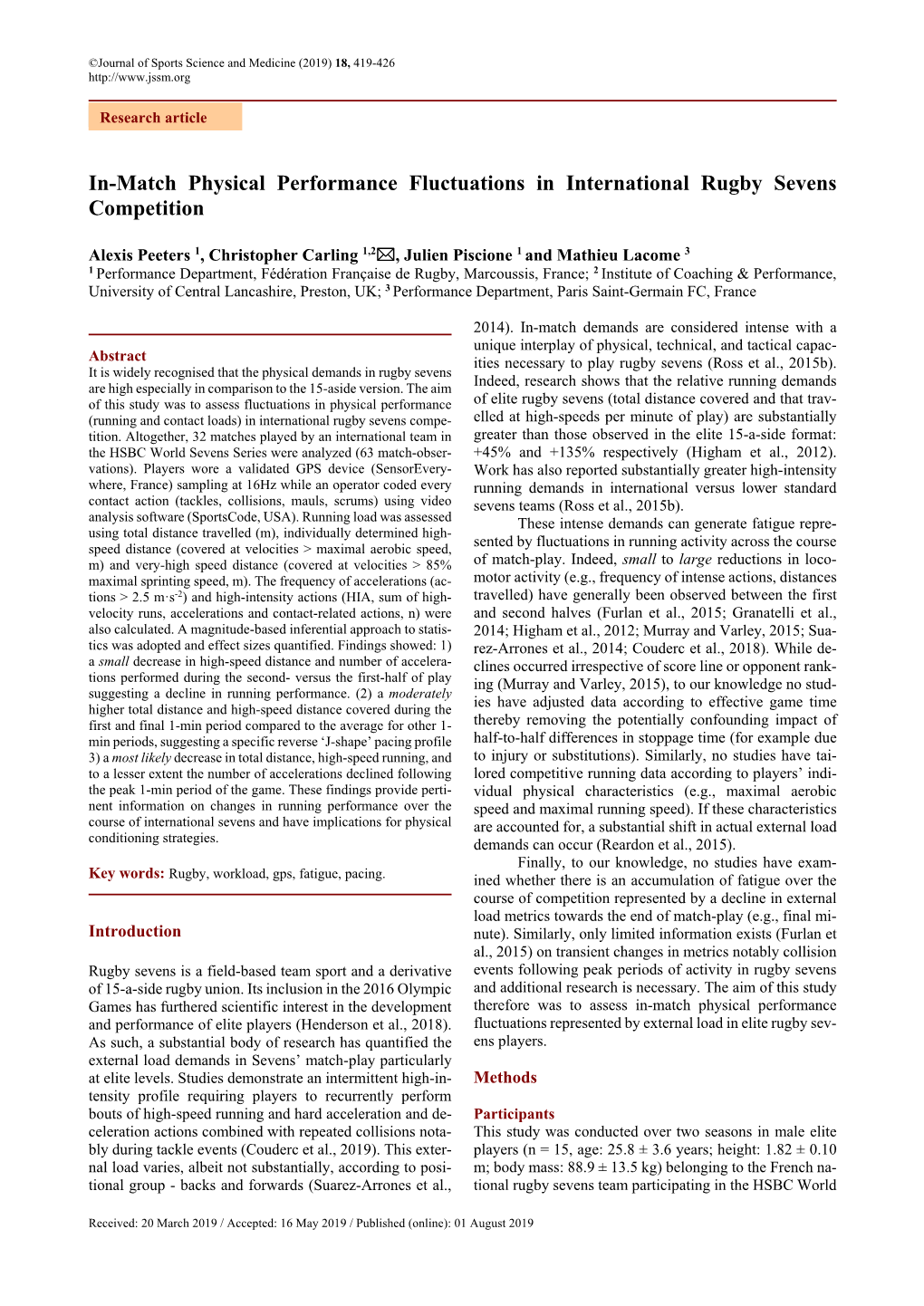 In-Match Physical Performance Fluctuations in International Rugby Sevens Competition