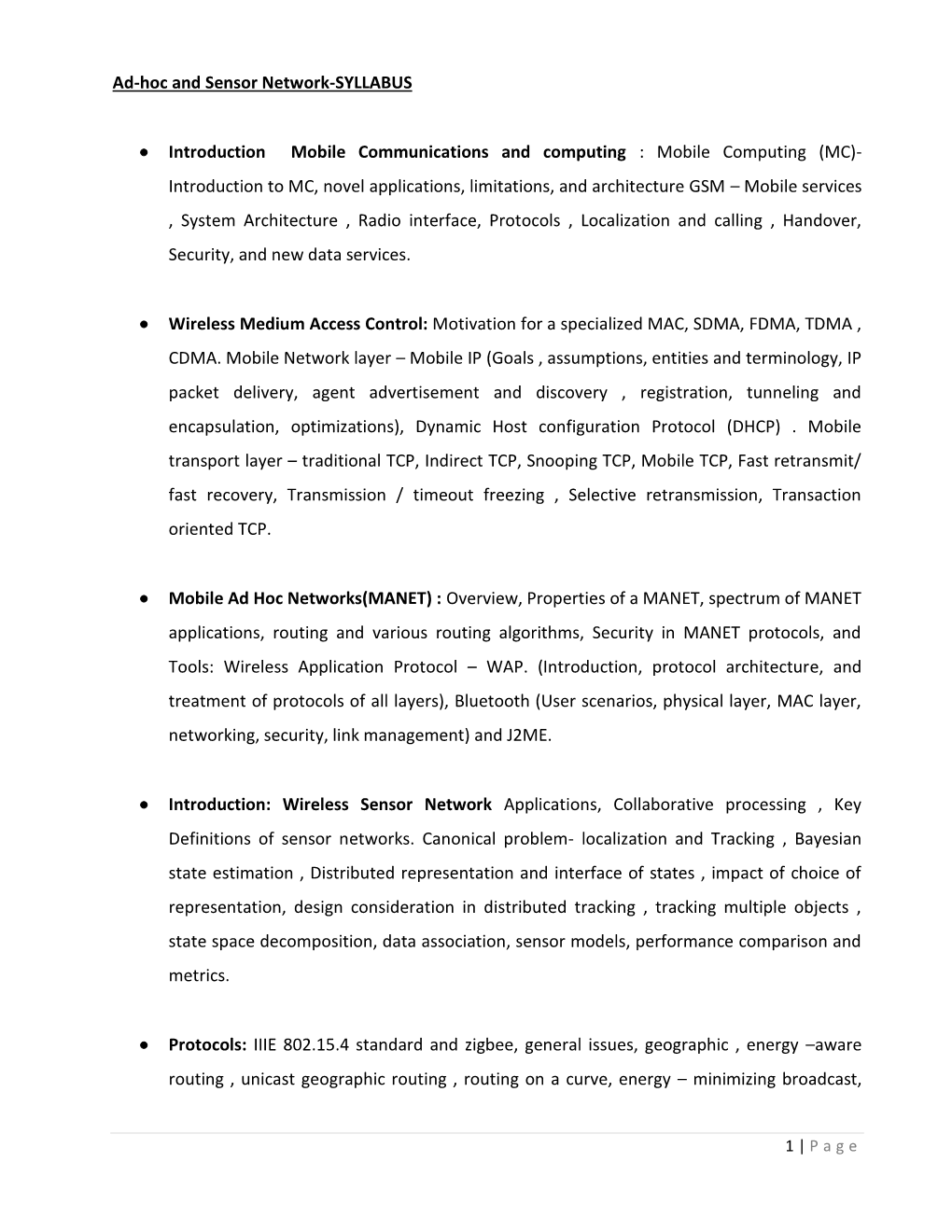 Ad-Hoc and Sensor Network-SYLLABUS