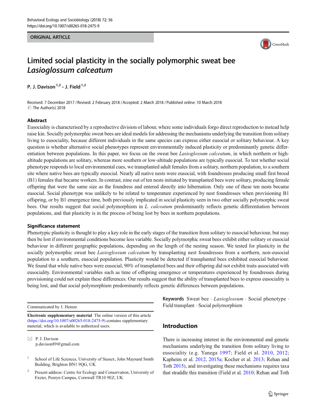 Limited Social Plasticity in the Socially Polymorphic Sweat Bee Lasioglossum Calceatum