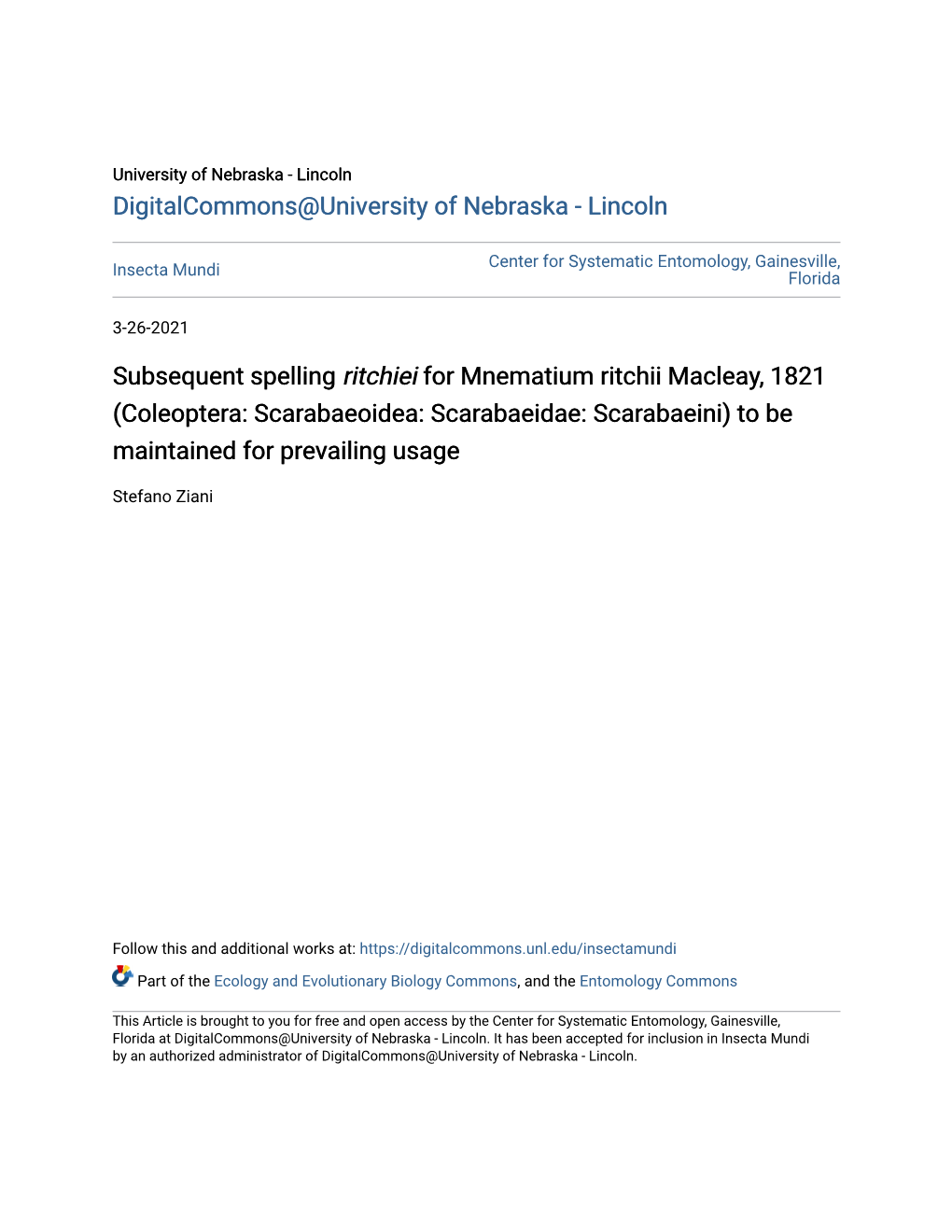 Subsequent Spelling Ritchiei for Mnematium Ritchii Macleay, 1821 (Coleoptera: Scarabaeoidea: Scarabaeidae: Scarabaeini) to Be Maintained for Prevailing Usage