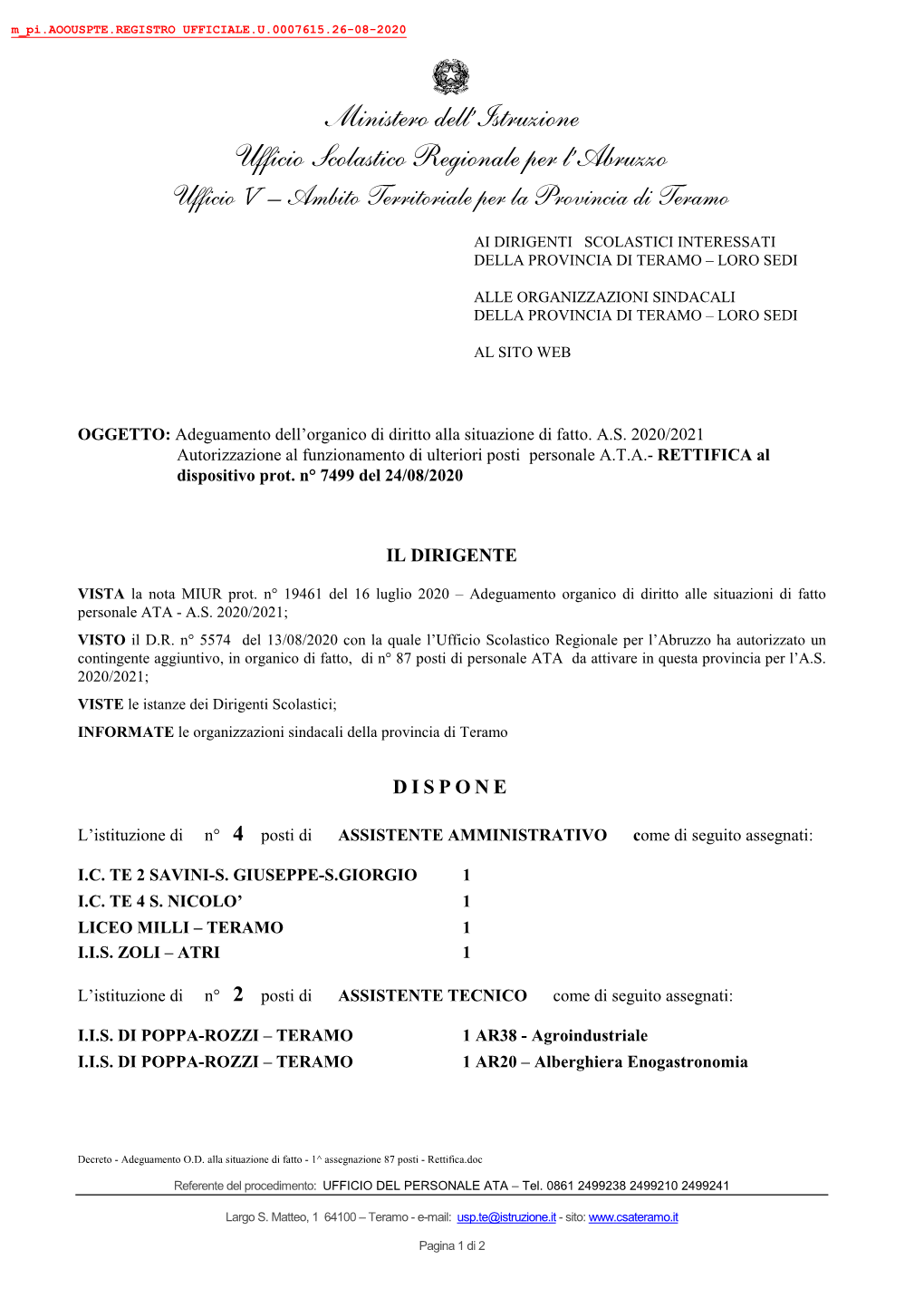 Ministero Dell'istruzione Ufficio Scolastico Regionale Per L'abruzzo