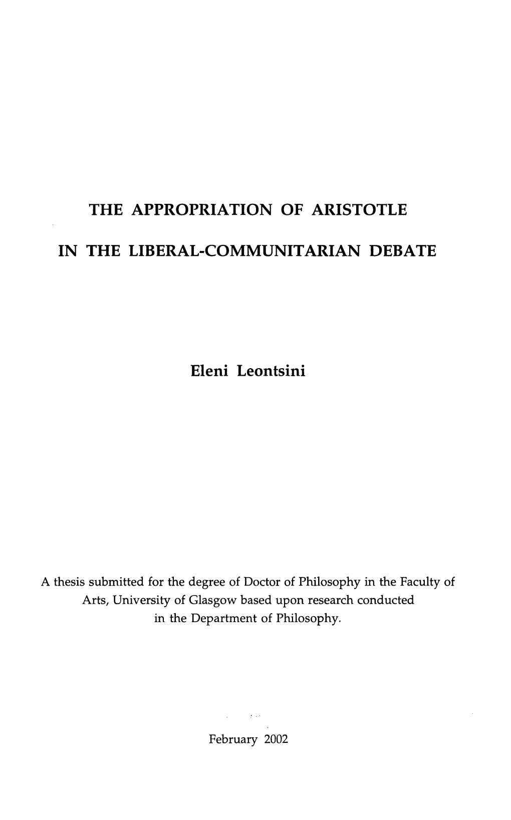 The Appropriation of Aristotle in the Liberal