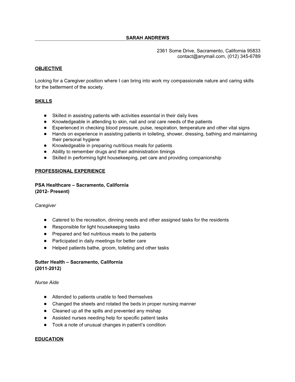 Sample Caregiver Resume