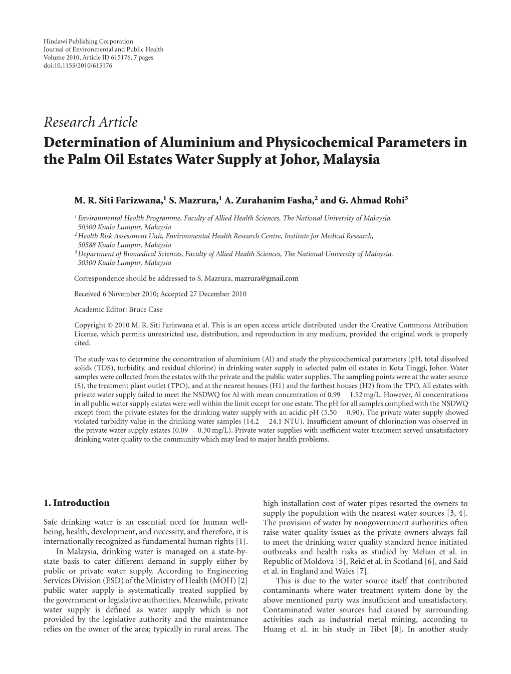 Determination of Aluminium and Physicochemical Parameters in the Palm Oil Estates Water Supply at Johor, Malaysia