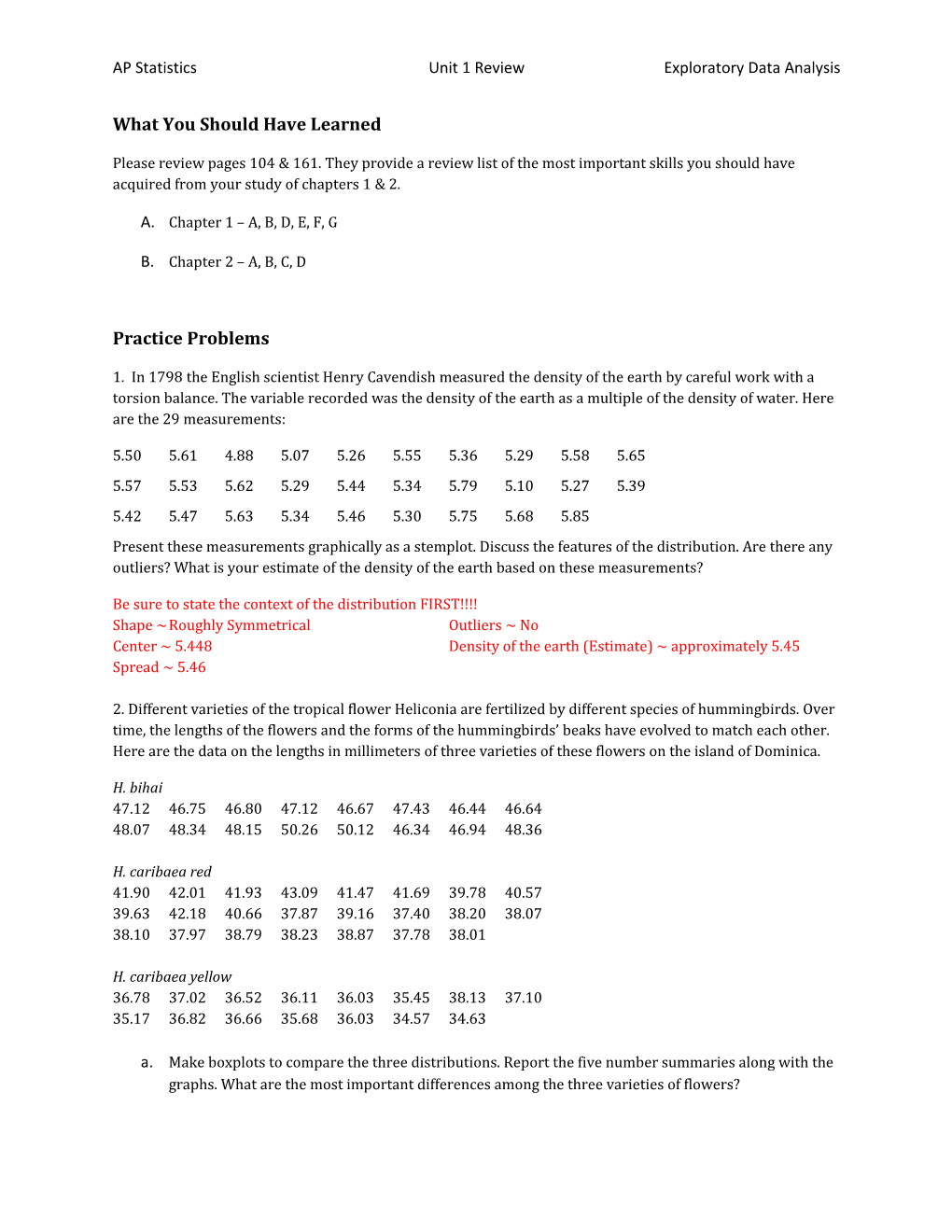 AP Statistics Unit 1 Review Exploratory Data Analysis