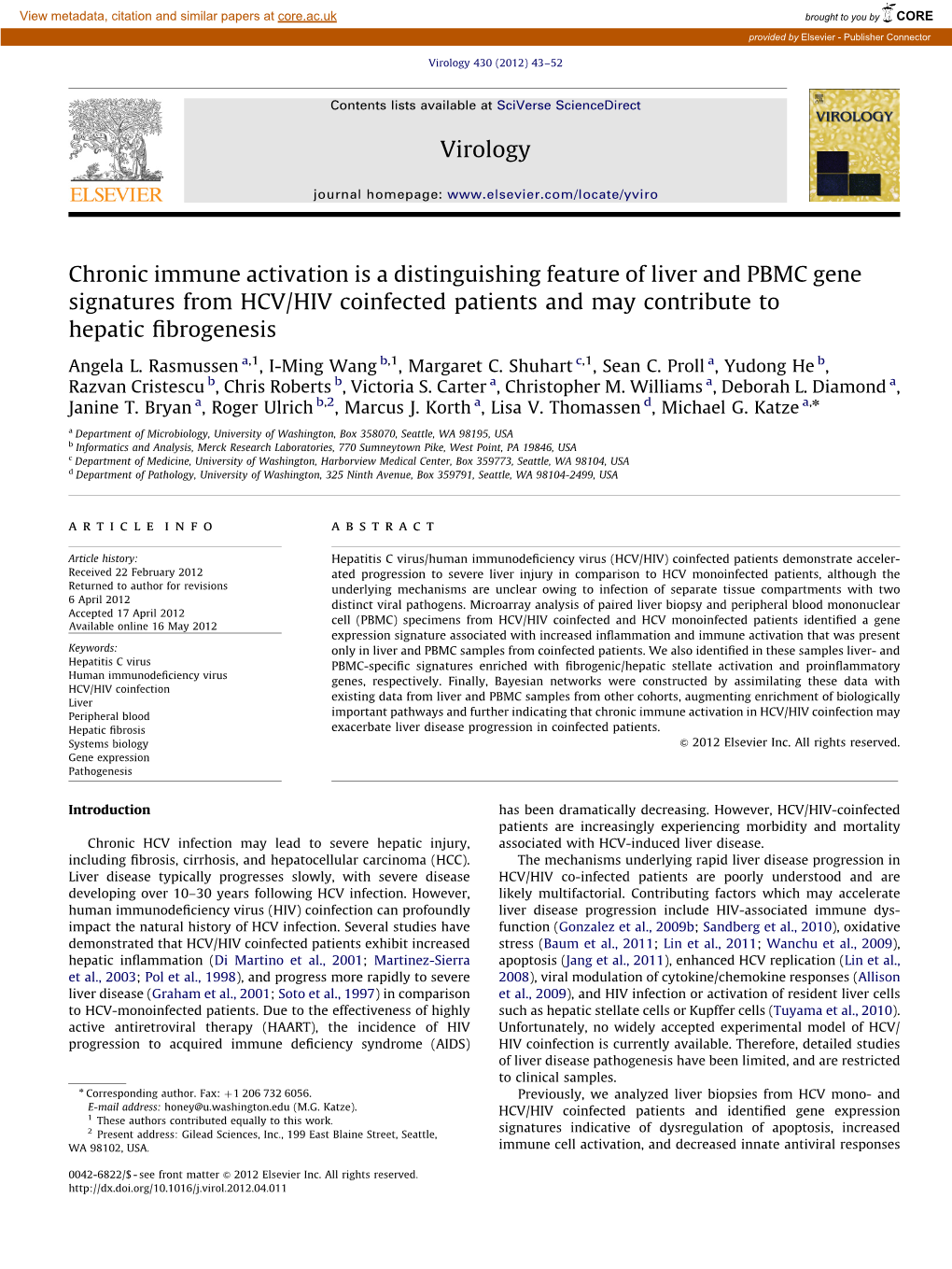 Chronic Immune Activation Is a Distinguishing Feature of Liver and PBMC Gene Signatures from HCV/HIV Coinfected Patients and May Contribute to Hepatic ﬁbrogenesis