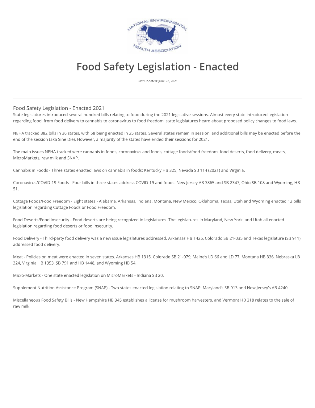 Food Safety Legislation - Enacted