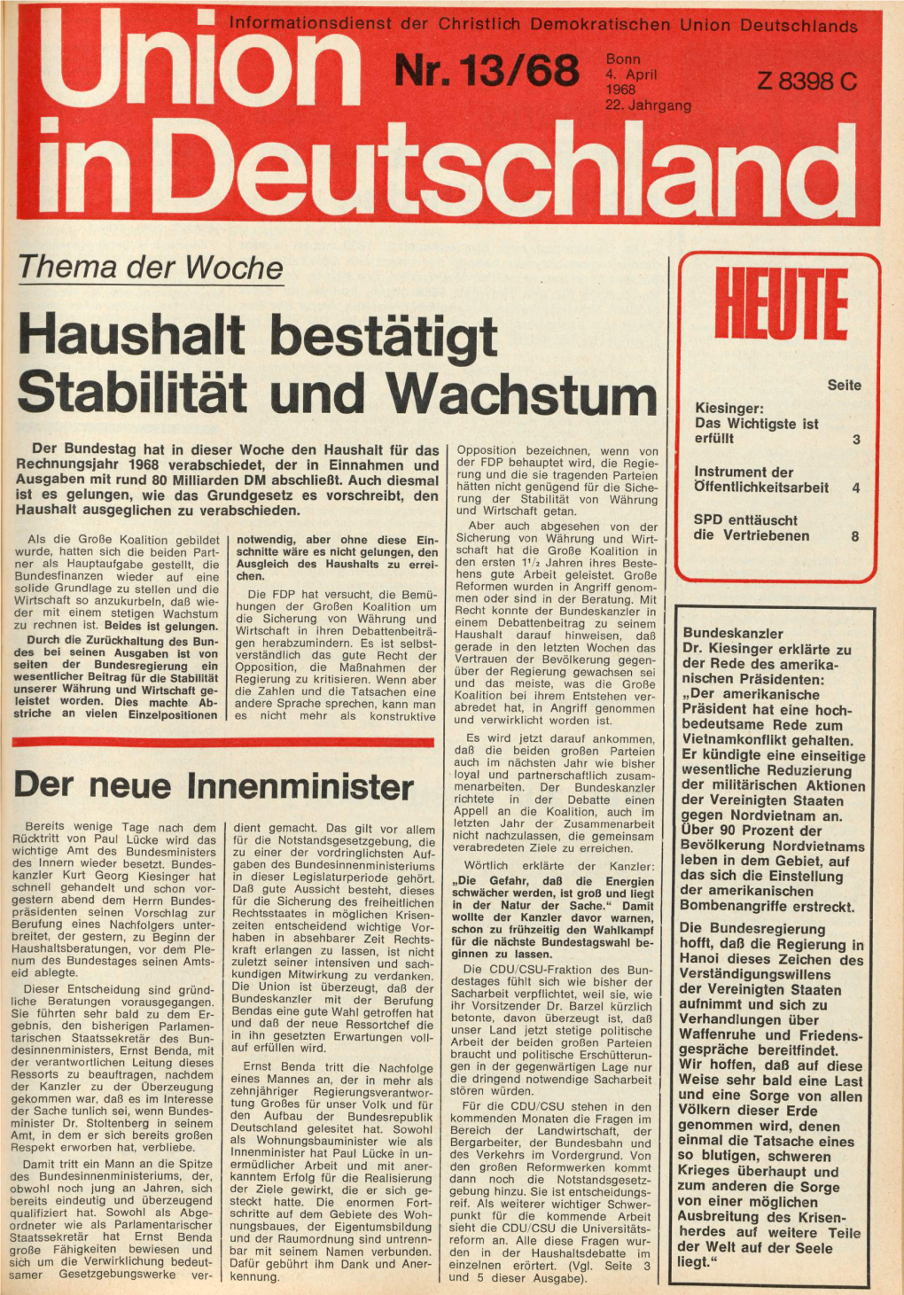 UID Jg. 22 1968 Nr. 13, Union in Deutschland