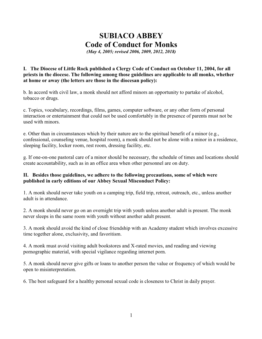 SUBIACO ABBEY Code of Conduct for Monks (May 4, 2005; Revised 2006, 2009, 2012, 2018)