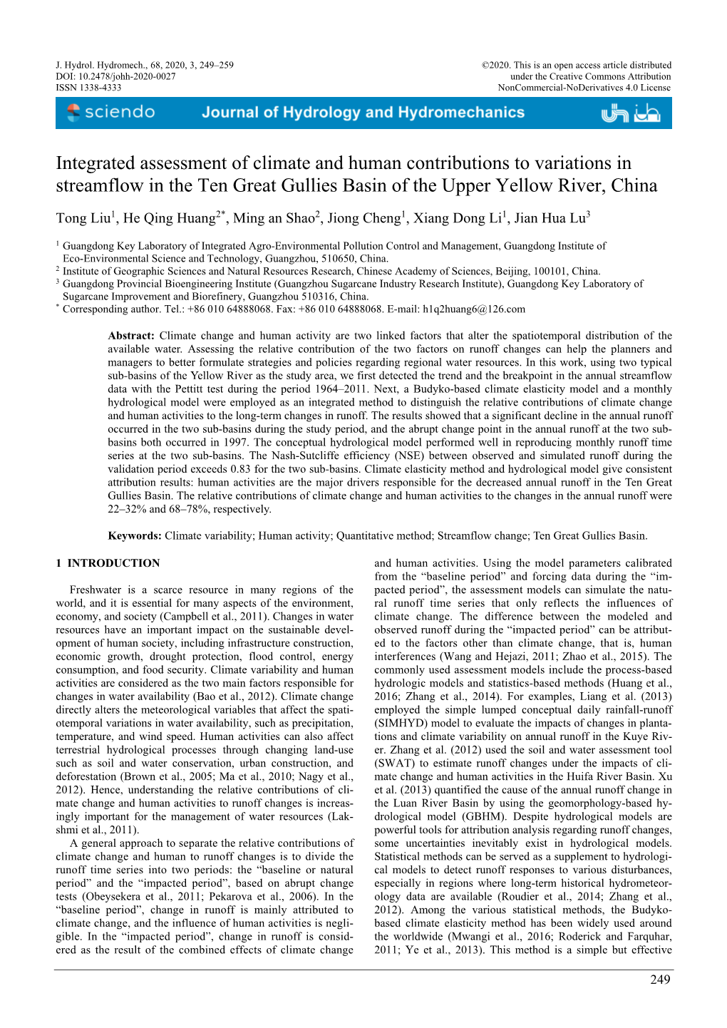 Integrated Assessment of Climate and Human Contributions to Variations in Streamflow in the Ten Great Gullies Basin of the Upper Yellow River, China