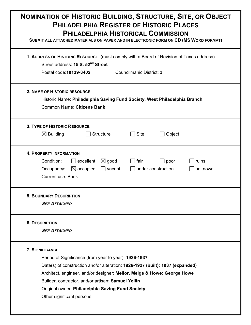 Nomination of Historic Building, Structure, Site, Or Object