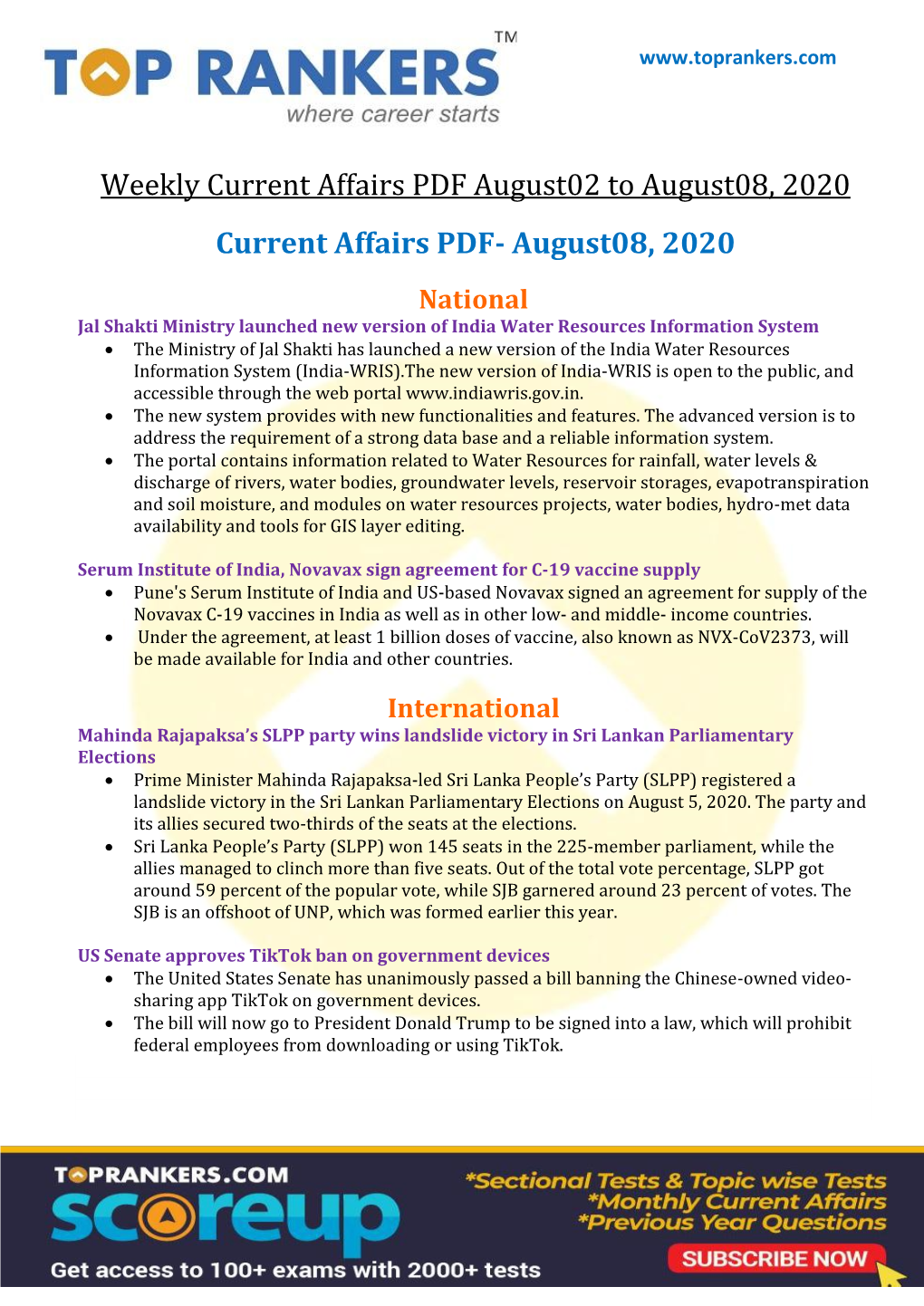 Weekly Current Affairs PDF August02 to August08, 2020