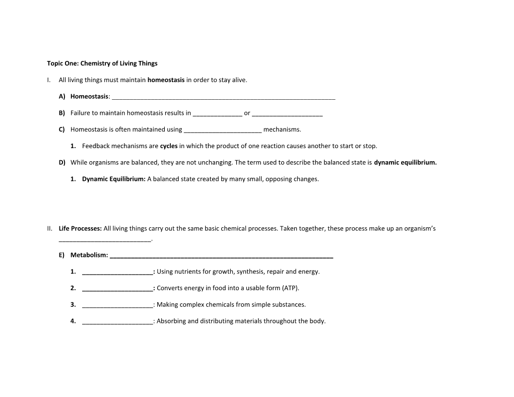 Topic One: Chemistry of Living Things s1