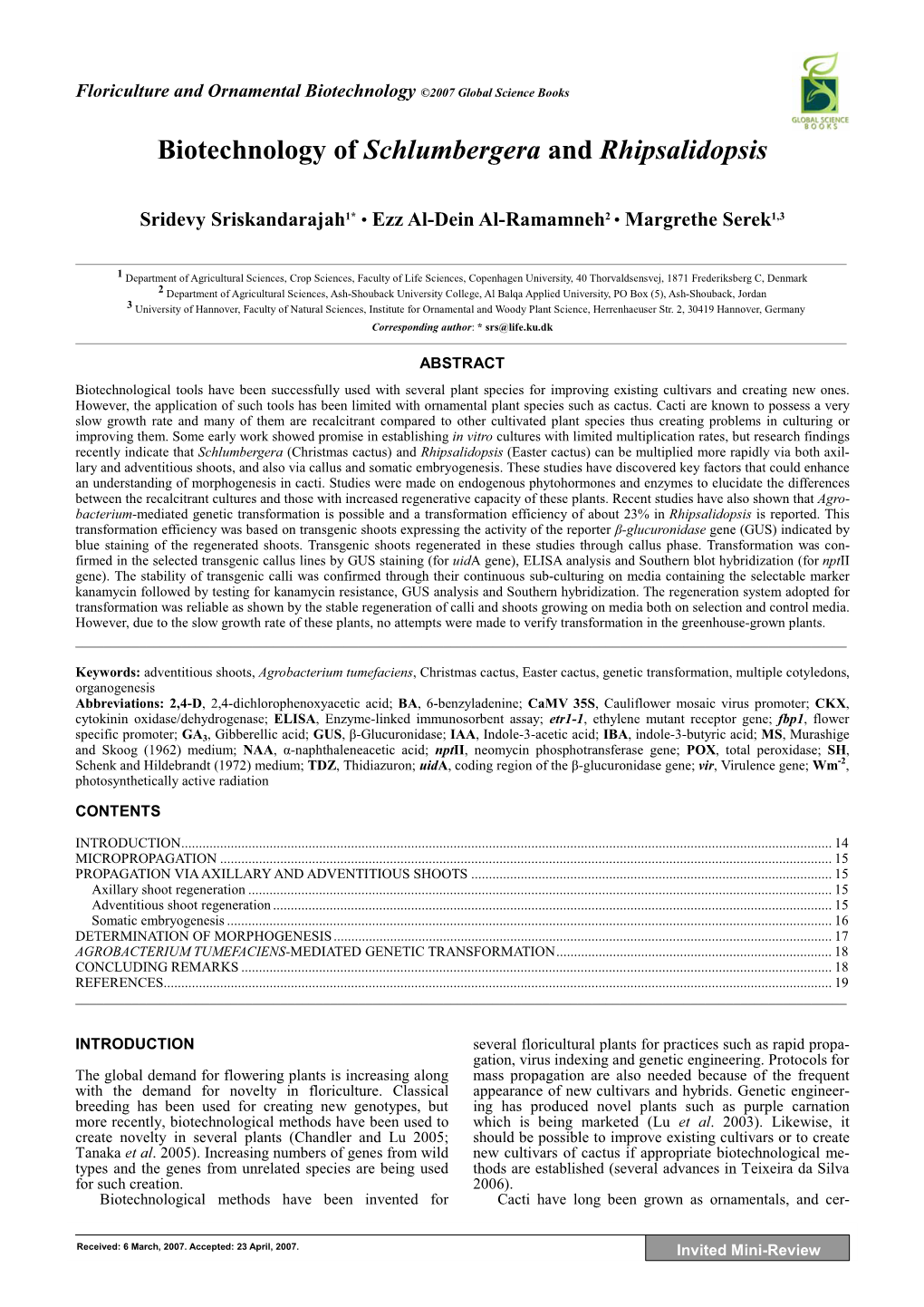 Biotechnology of Schlumbergera and Rhipsalidopsis