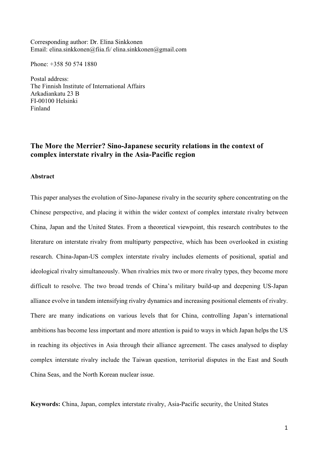 Sino-Japanese Security Relations in the Context of Complex Interstate Rivalry in the Asia-Pacific Region
