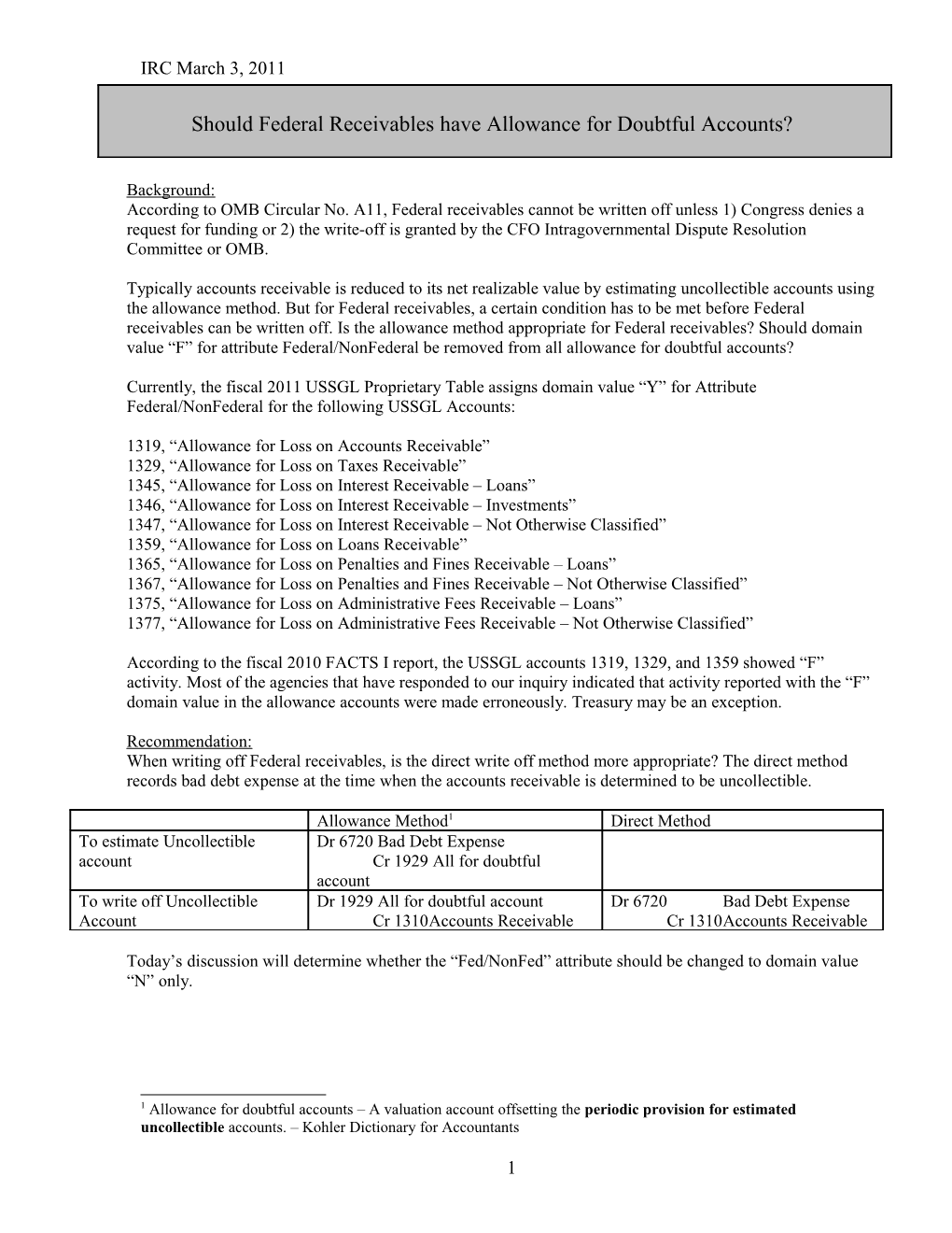 Proposal to Revise Domain Value Y to N for Attribute Federal/Nonfederal for All USSGL Allowance