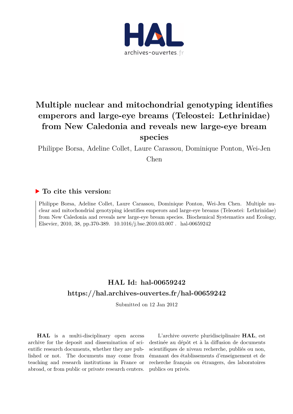 Teleostei: Lethrinidae) from New Caledonia and Reveals New Large-Eye Bream Species Philippe Borsa, Adeline Collet, Laure Carassou, Dominique Ponton, Wei-Jen Chen