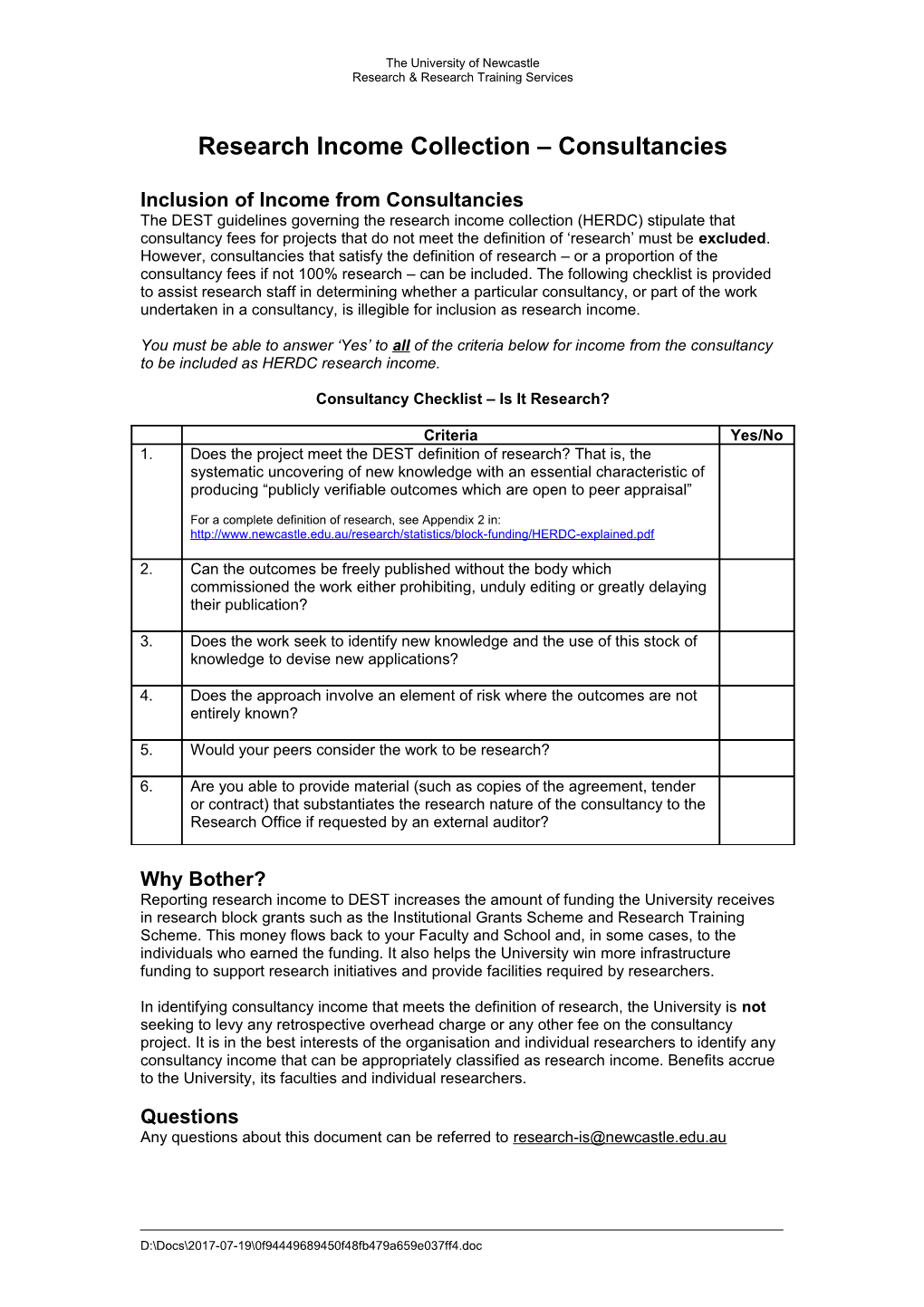 Research Income Collection – Consultancies