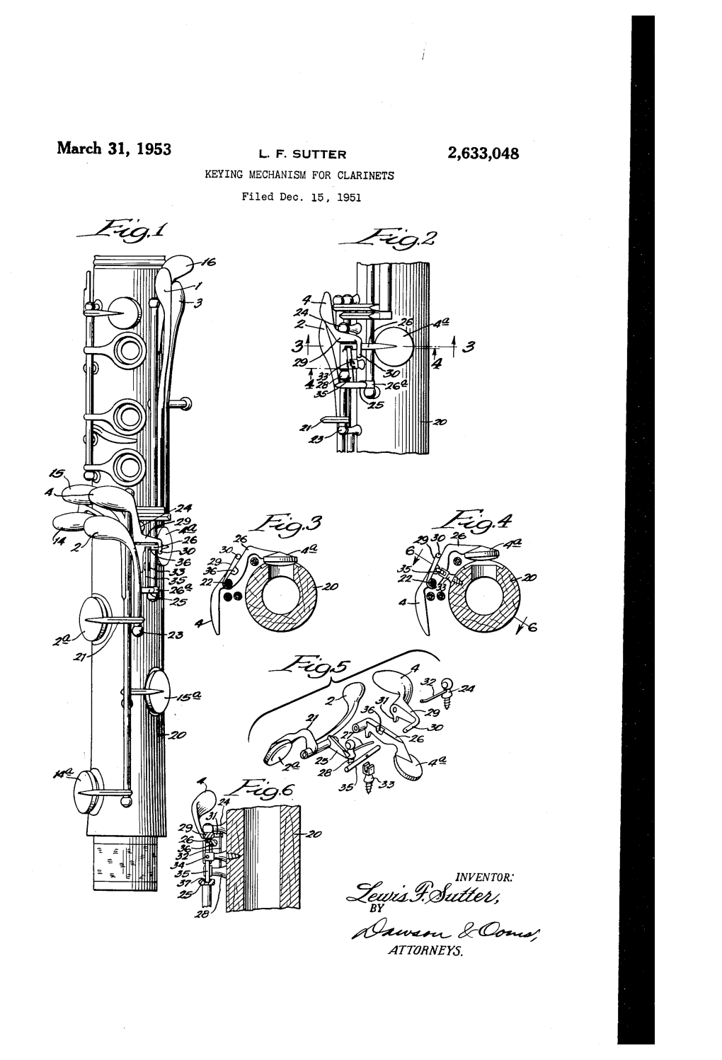 March 31, 1953 L. F. SUTTER 2,633,048 ‘ KEYING MECHANISM for CLARINETS Filed Dec