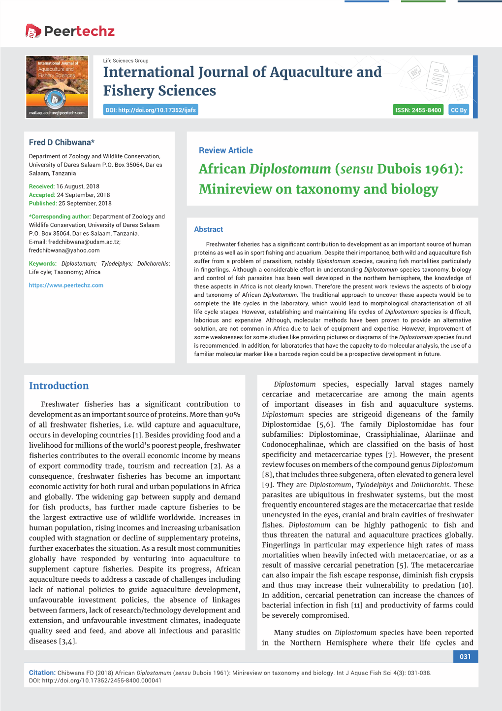 African Diplostomum (Sensu Dubois 1961): Minireview on Taxonomy and Biology