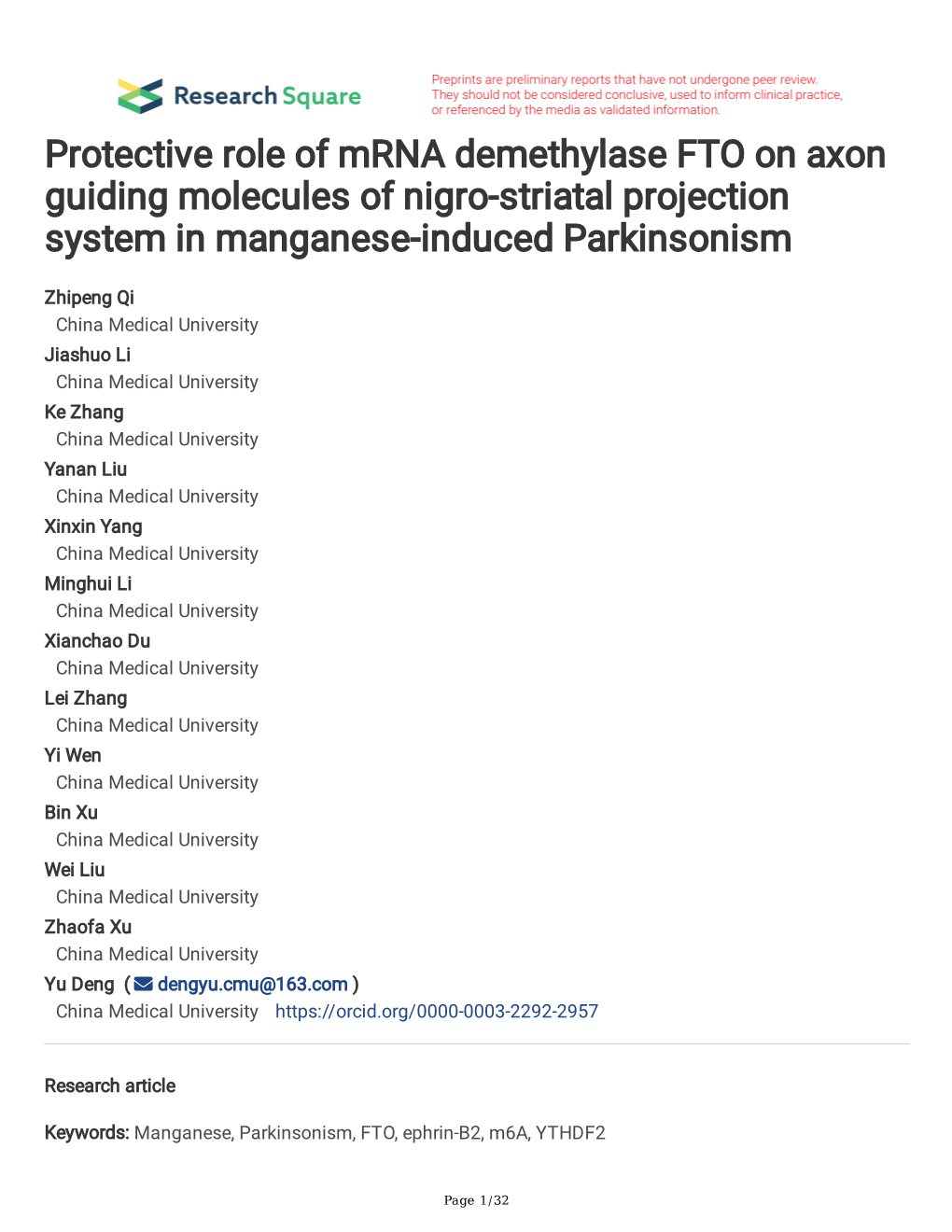 Protective Role of Mrna Demethylase FTO on Axon Guiding Molecules of Nigro-Striatal Projection System in Manganese-Induced Parkinsonism
